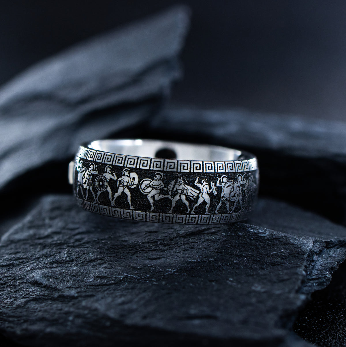 8mm Deep Engraved Titanium Band with Greek Warriors and Gemstone
