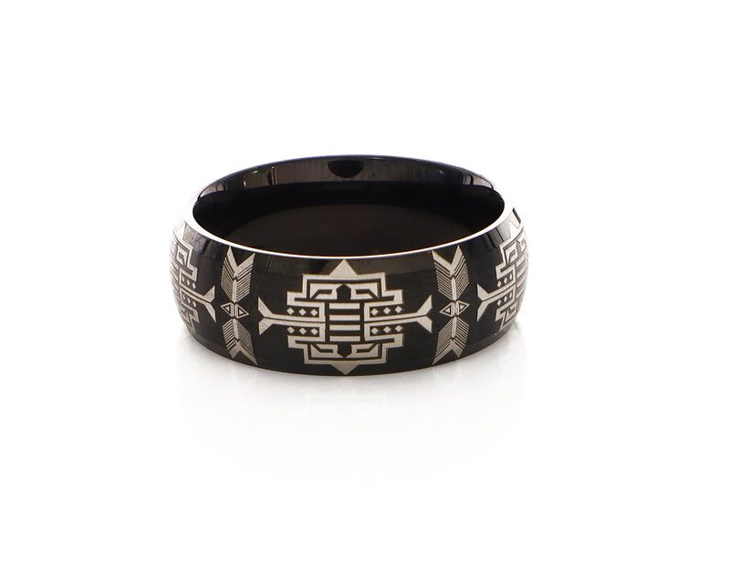 8mm Black Plated Tungsten Ring with Native American Tribal Engravings