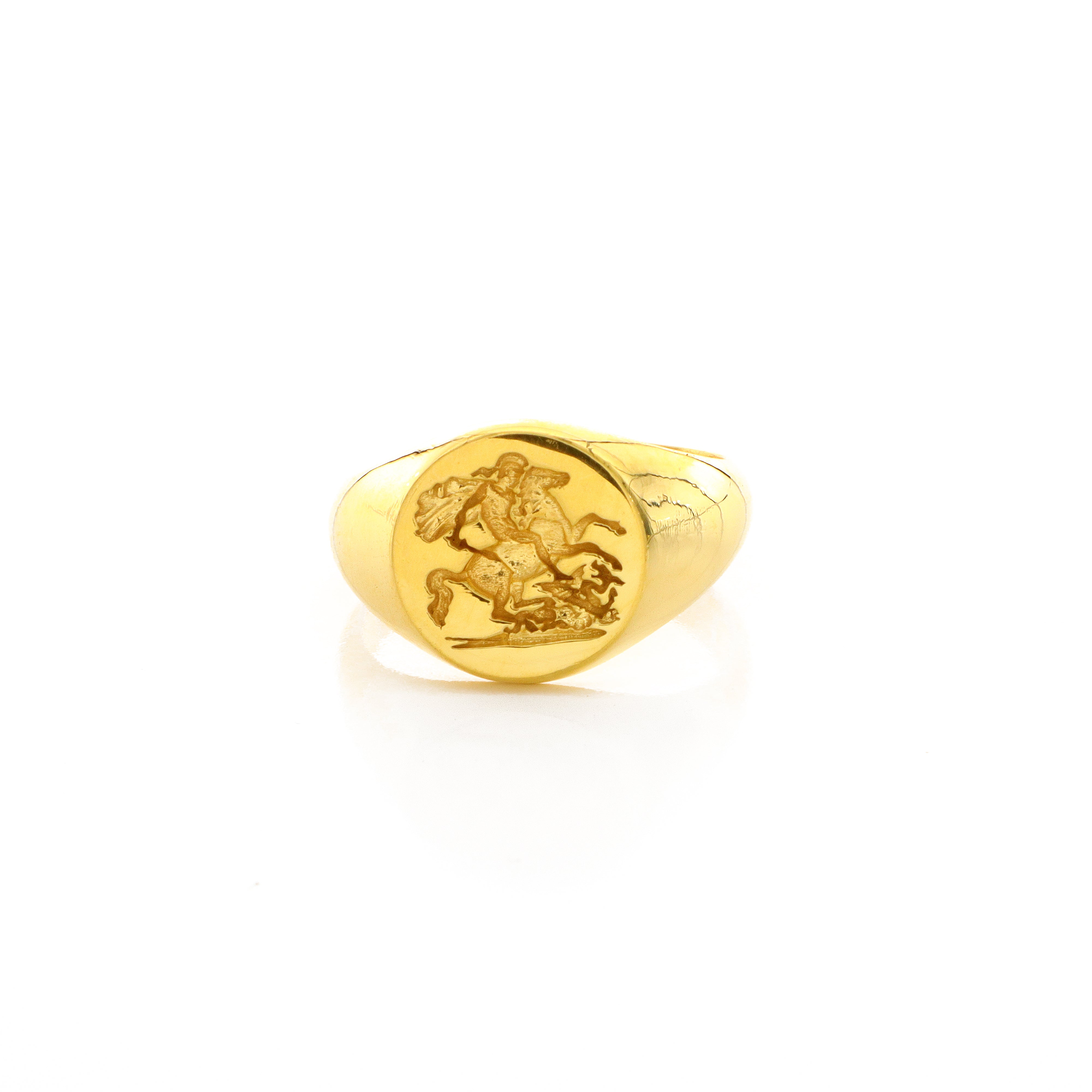 St George the Dragon Slayer, Wax Seal Signet Ring, 14k Solid Yellow Gold Ring with St George Slaying the Dragon