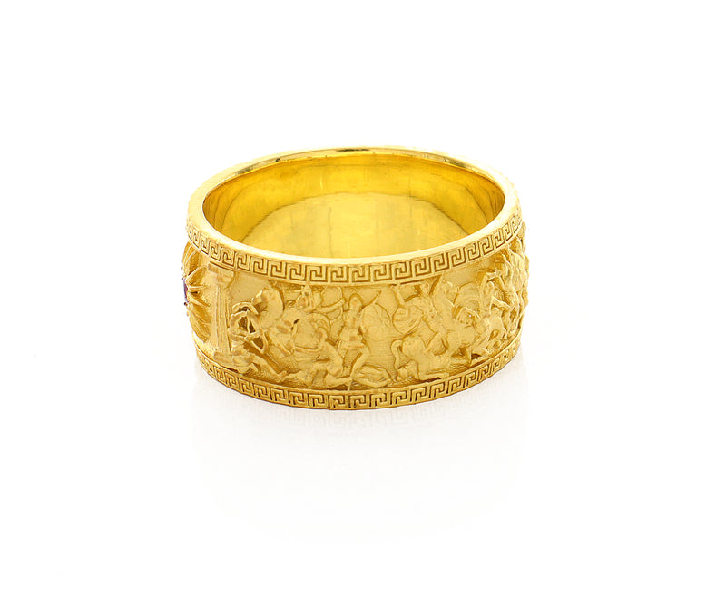 10mm Custom Made, Dome Shaped, 14k Solid Yellow Gold Ring with Alexander the Great Sarcophagus Relief with Red Ruby
