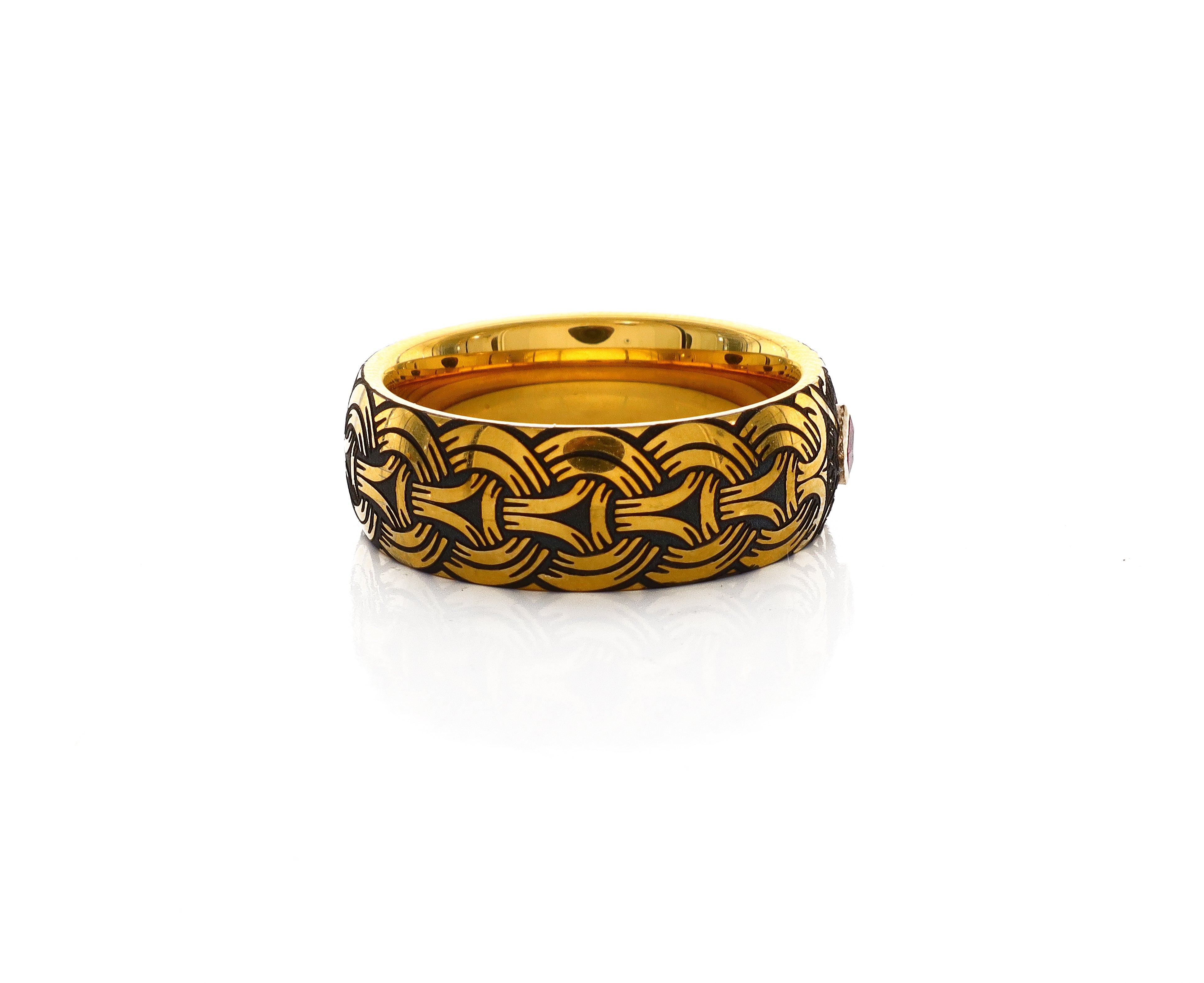 8mm Custom Made Dome Shaped Tungsten Ring with Norse Viking Style Engravings and Square Shaped Ruby