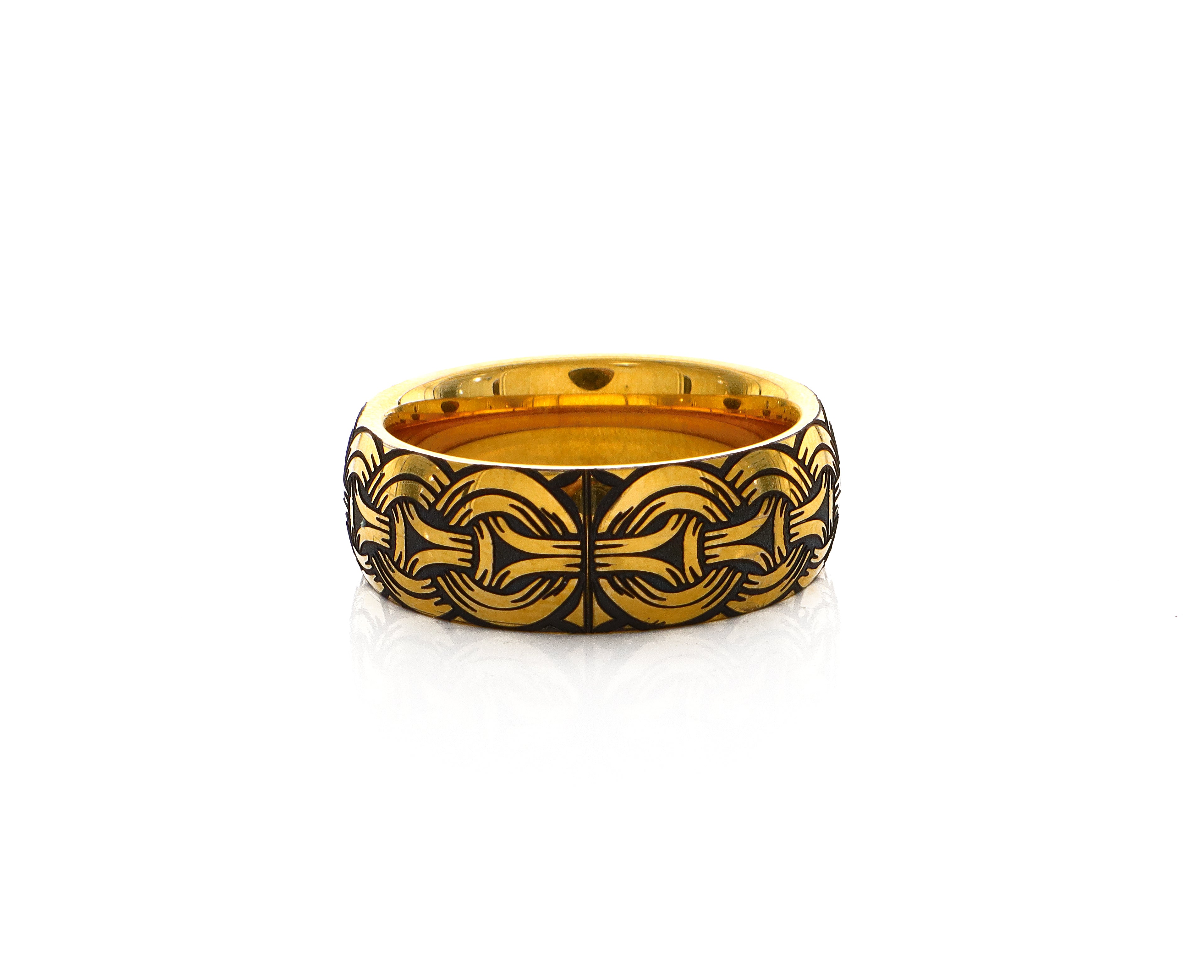 8mm Custom Made Dome Shaped Tungsten Ring with Norse Viking Style Engravings and Square Shaped Ruby