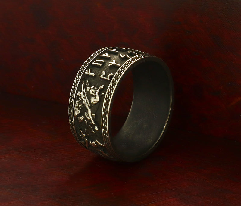 10mm Custom Made, Silver Ring with Norse Runes, Valkyrie Leading Viking Warriors