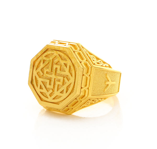 Solid 14k Yellow Gold Signet Ring with Slavic Sun Cross