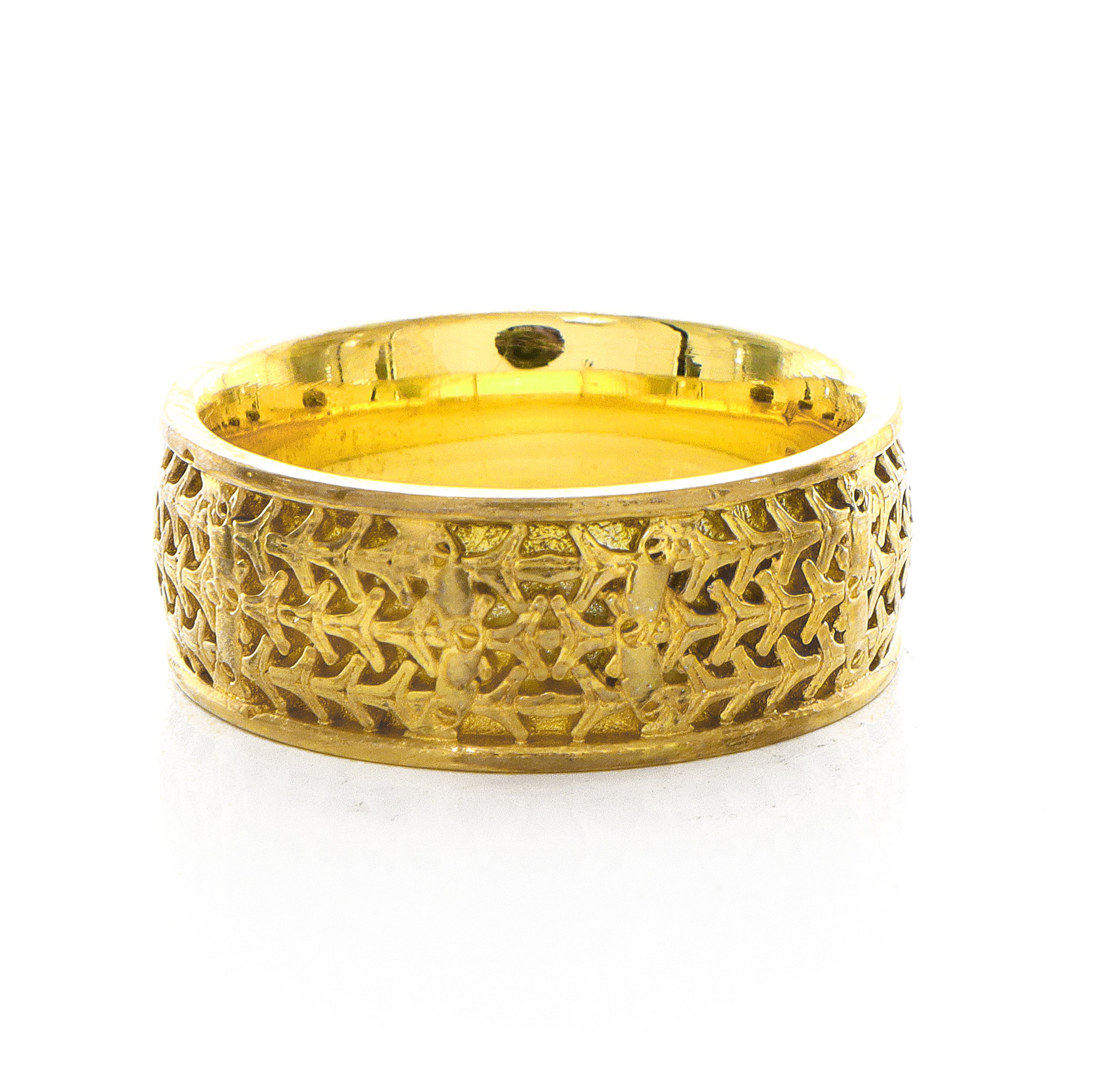 8mm Custom Made, Dome Shaped Solid Yellow Gold Ring with Medieval Style Engravings, Shield, Fleur-de-Lis and Two Wolves