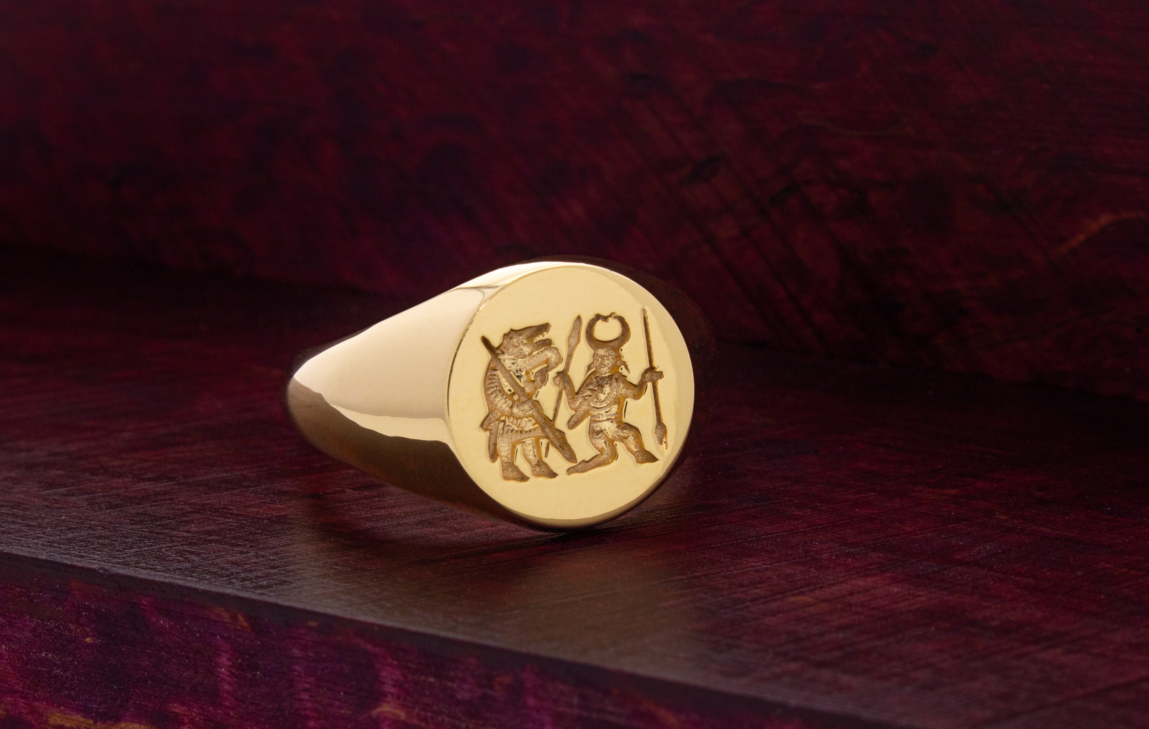 Viking Torslunda Berserker Wax Seal Signet Ring, 14k Solid Yellow Gold Ring