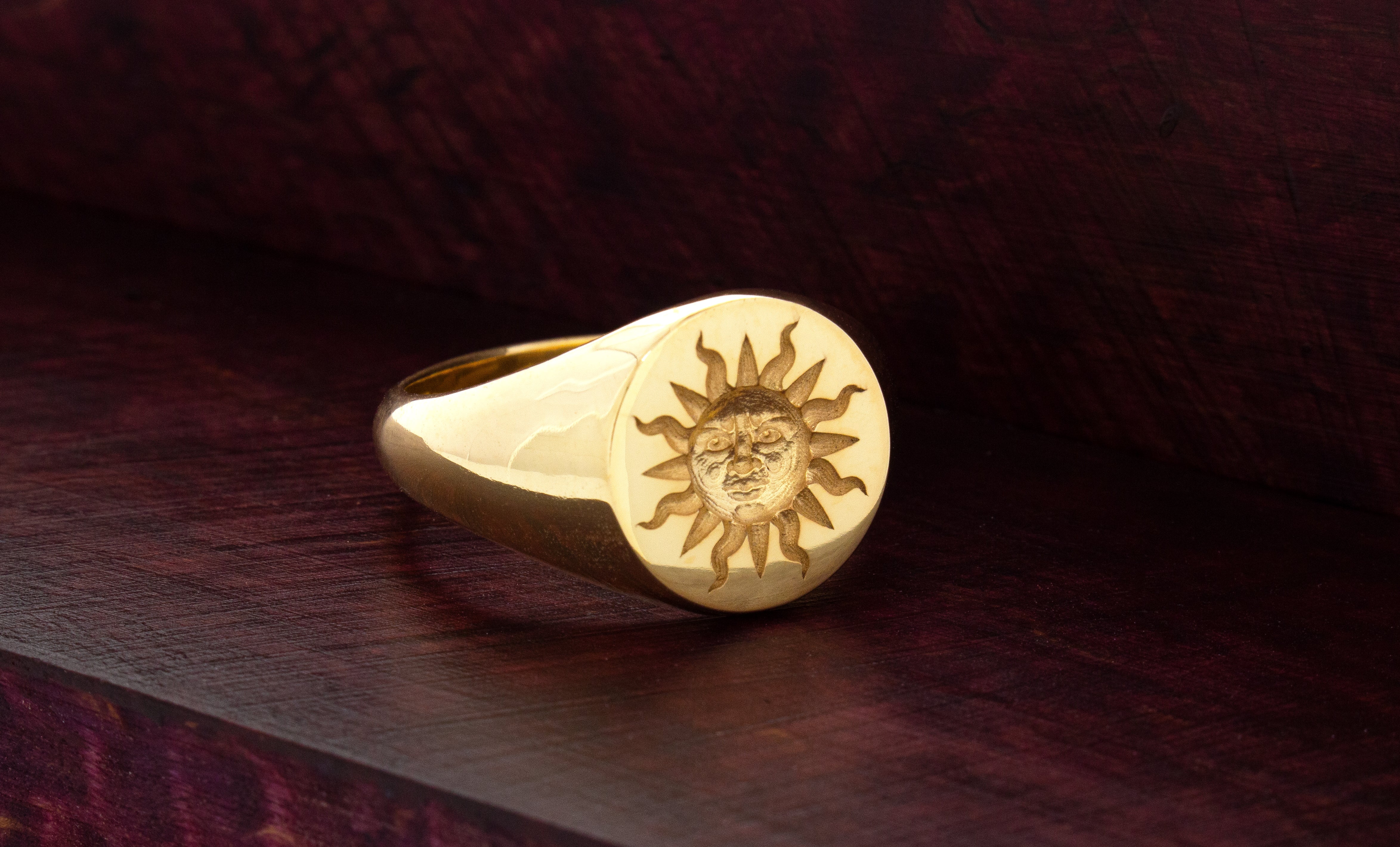 Sun Face Wax Seal Signet Ring, 14k Solid Yellow Gold Ring