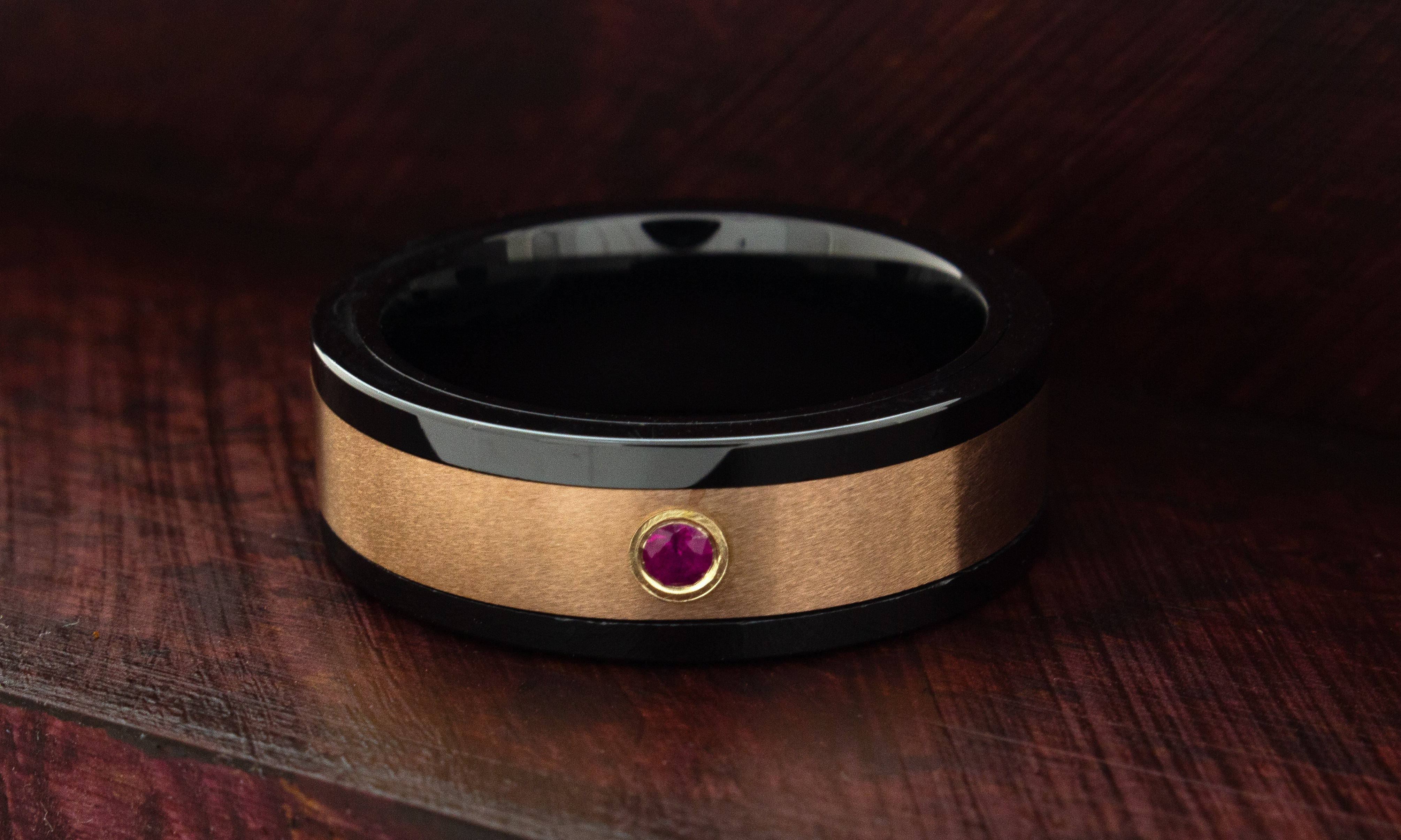 8mm Custom Made Flat Shaped Tungsten Ring with Rose Gold Exterior, Polished Black Interior and Edges, and Square Shaped Ruby
