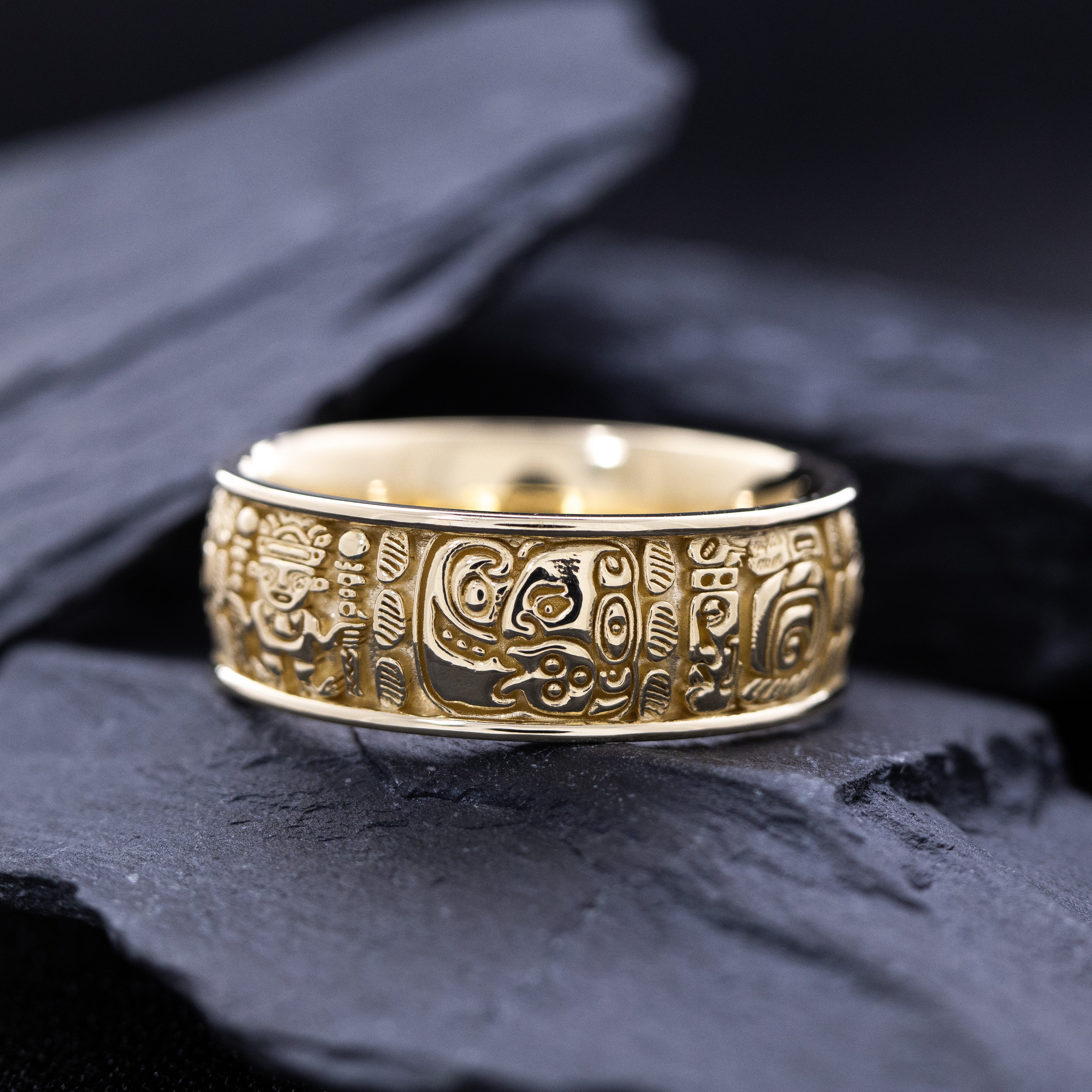 9mm Custom Made, Solid Yellow Gold Ring with Mayan Inspired Symbols