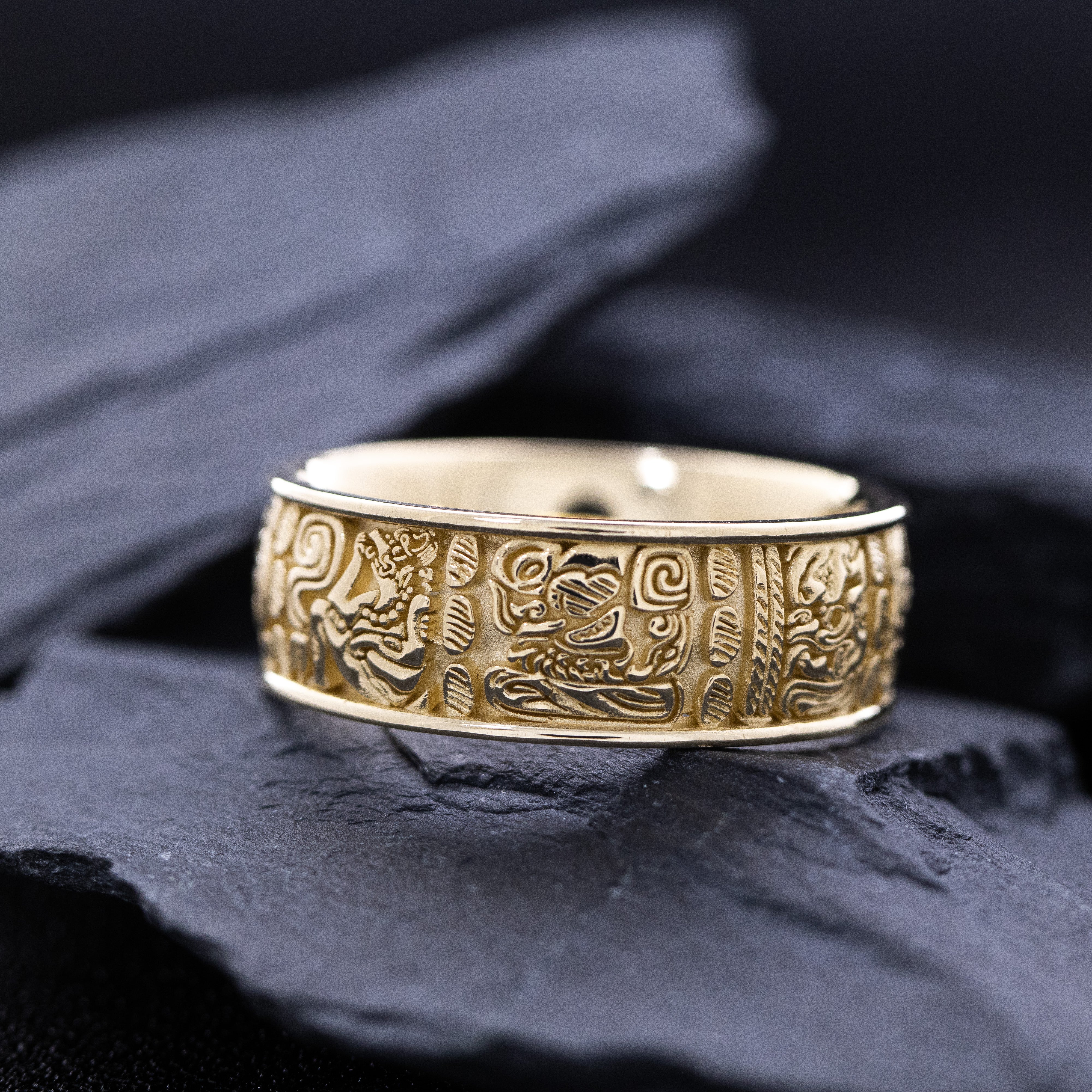 9mm Custom Made, Solid Yellow Gold Ring with Mayan Inspired Symbols