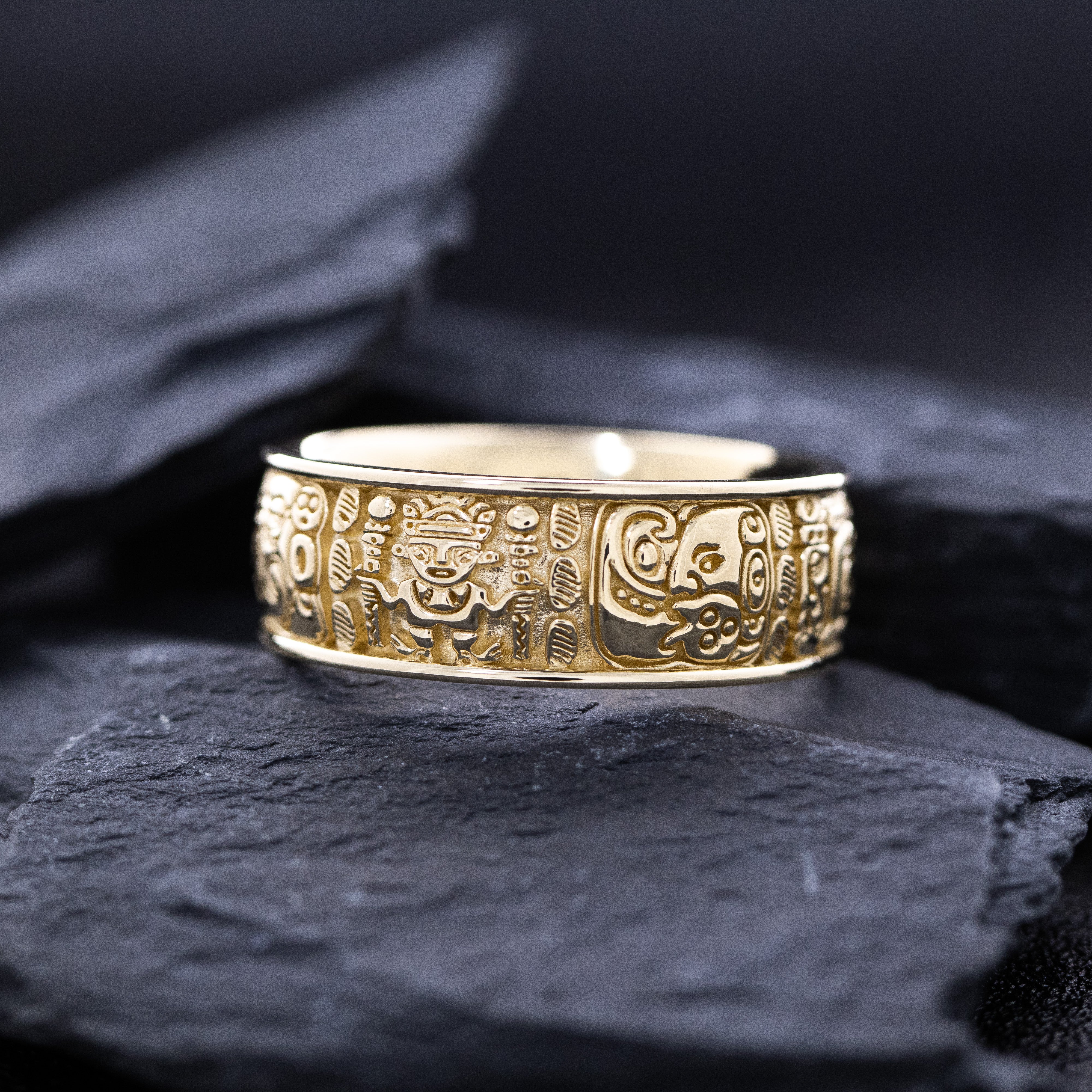 9mm Custom Made, Solid Yellow Gold Ring with Mayan Inspired Symbols