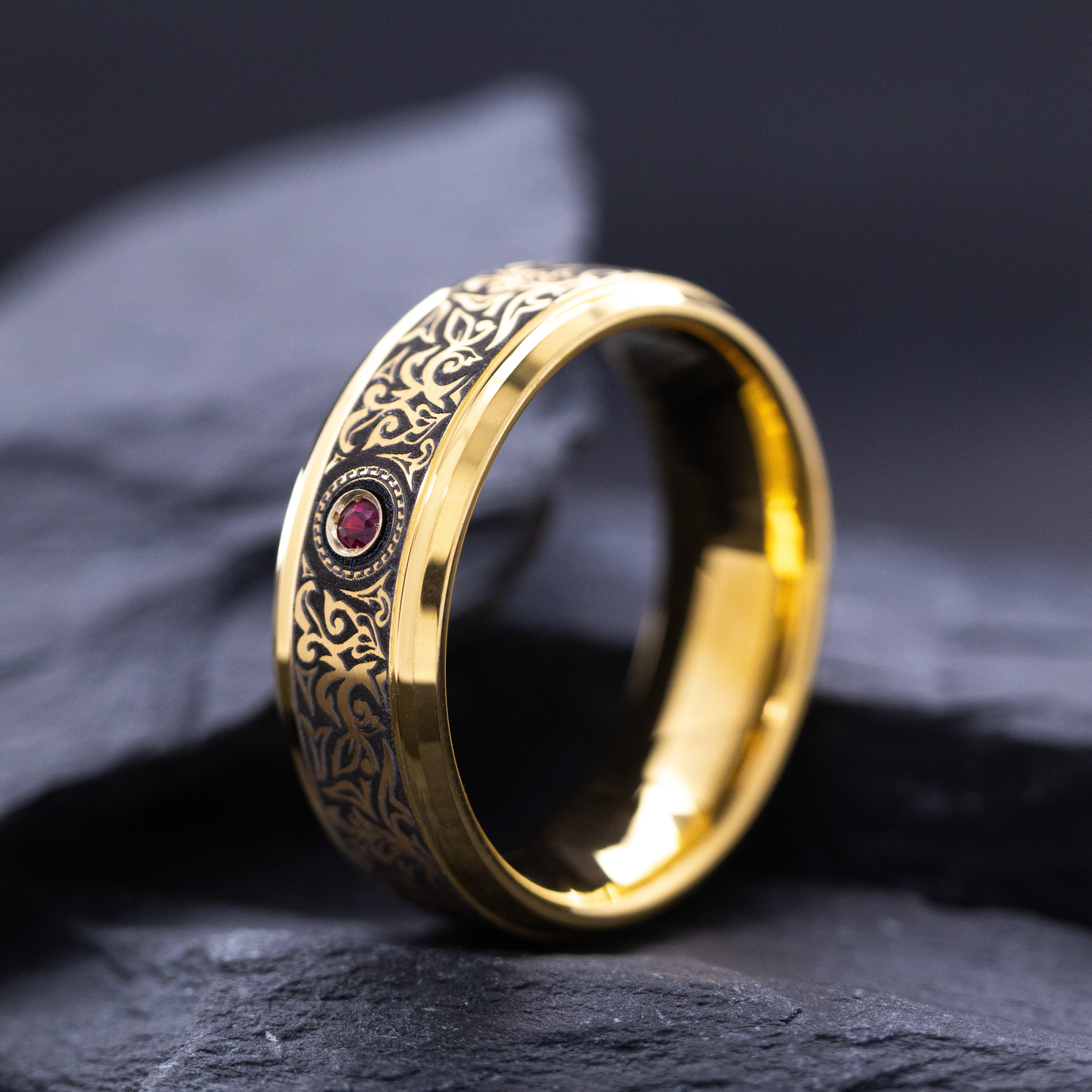 8mm Tungsten Carbide Ring with Yellow Gold Plating, Red Ruby and Victorian Style Floral Deep Engravings