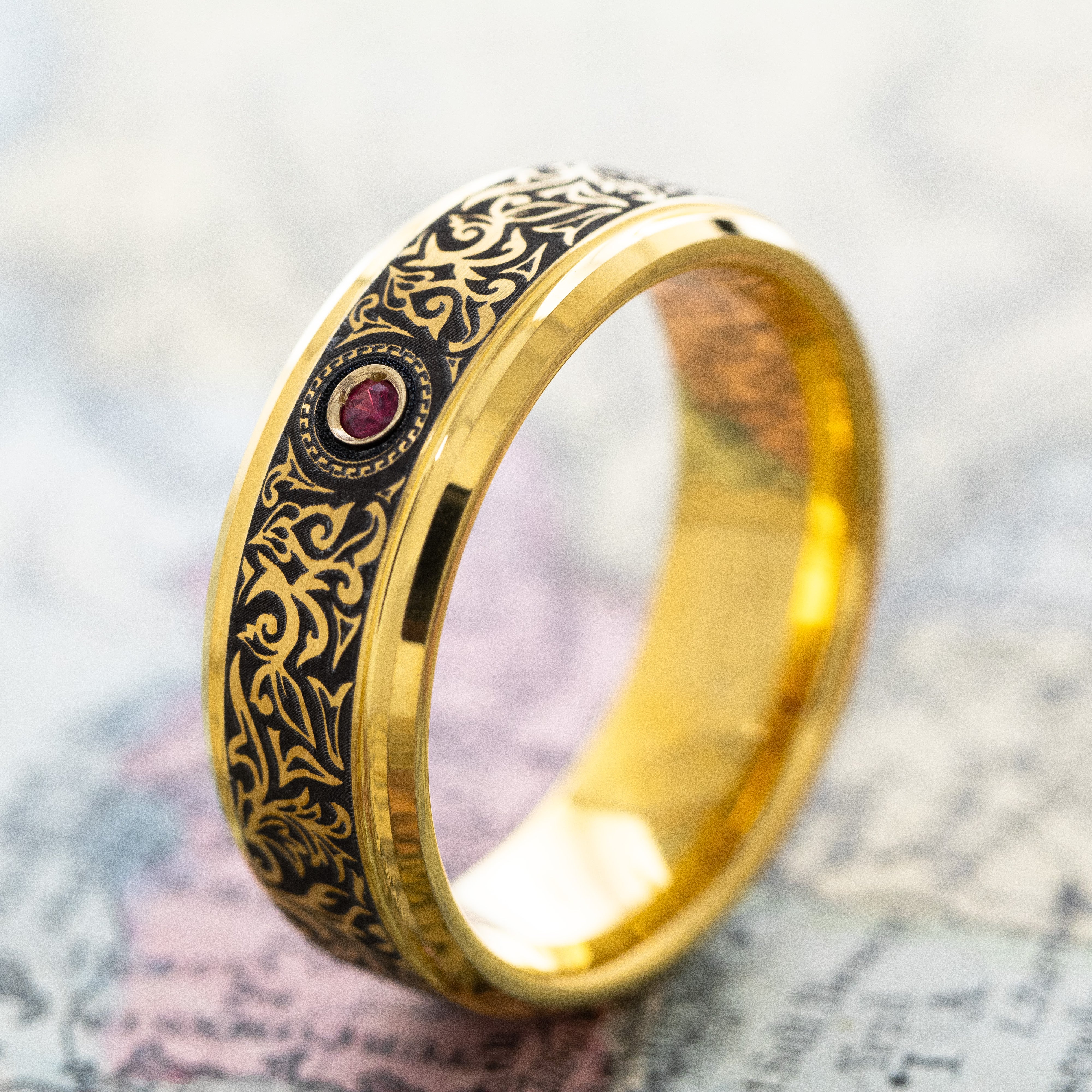 8mm Tungsten Carbide Ring with Yellow Gold Plating, Red Ruby and Victorian Style Floral Deep Engravings
