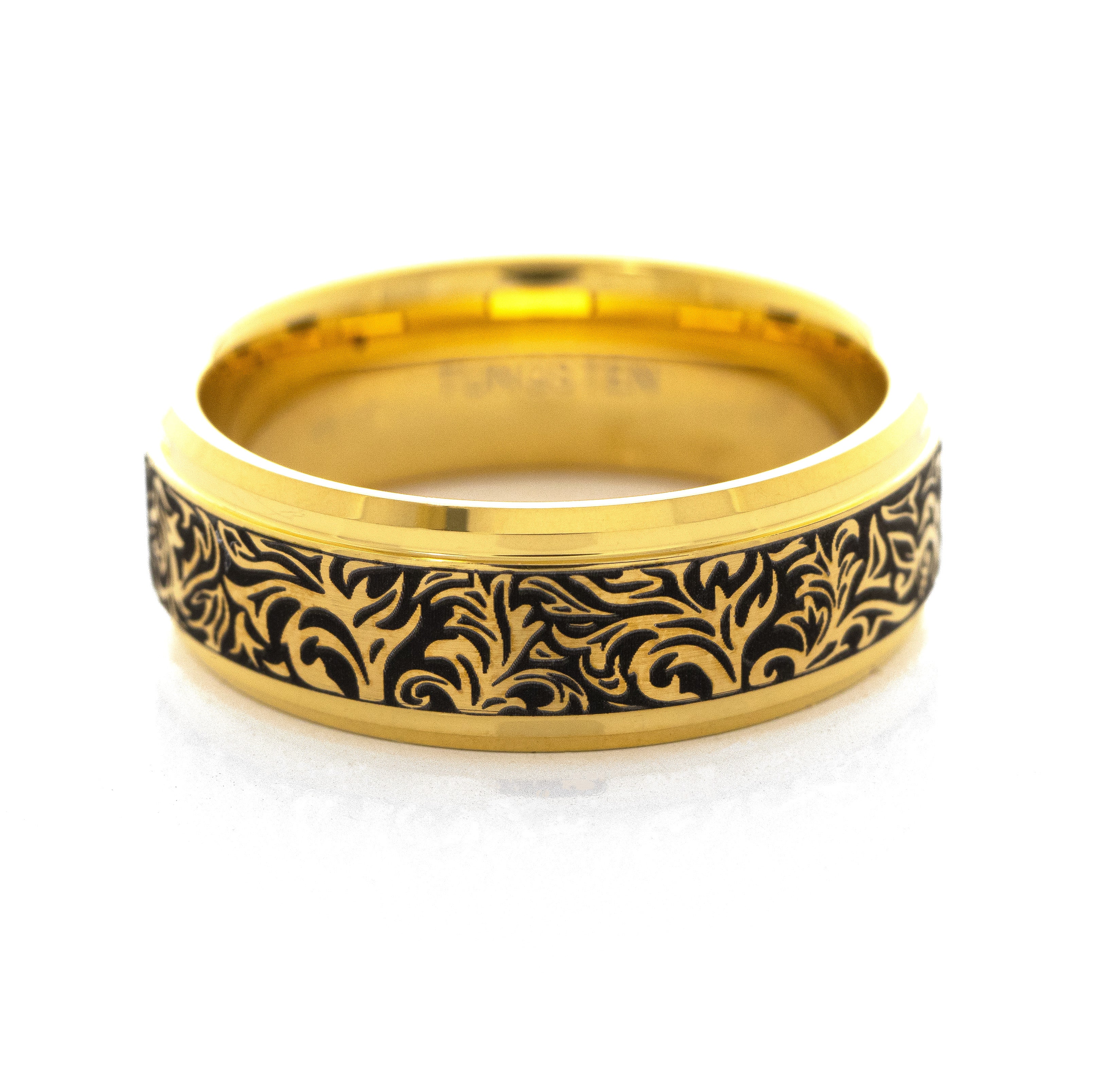 8mm Tungsten Carbide Ring with Yellow Gold Plating, Red Ruby and Victorian Style Floral Deep Engravings
