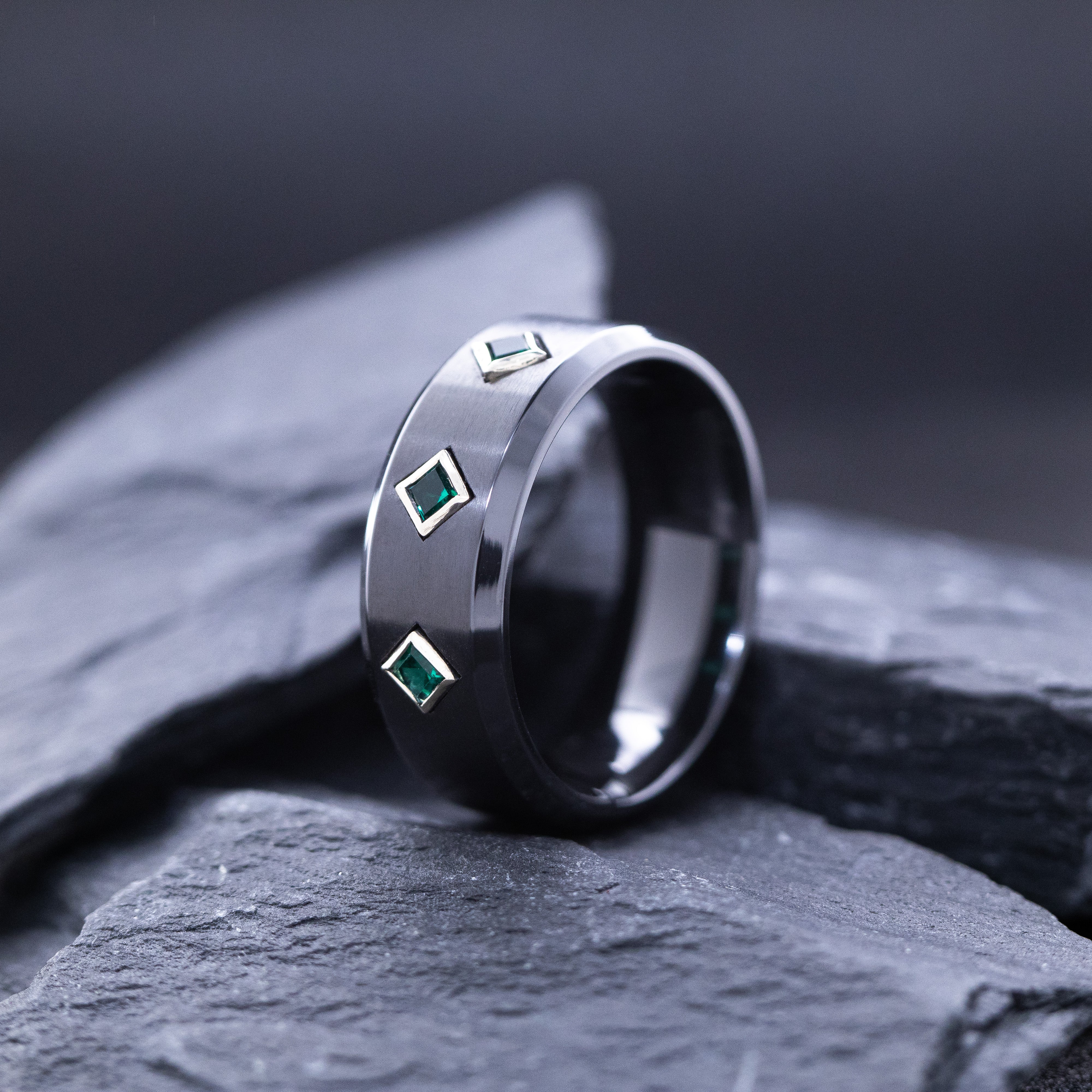 8mm Black Zirconium Ring with Three Princess Cut Gemstones