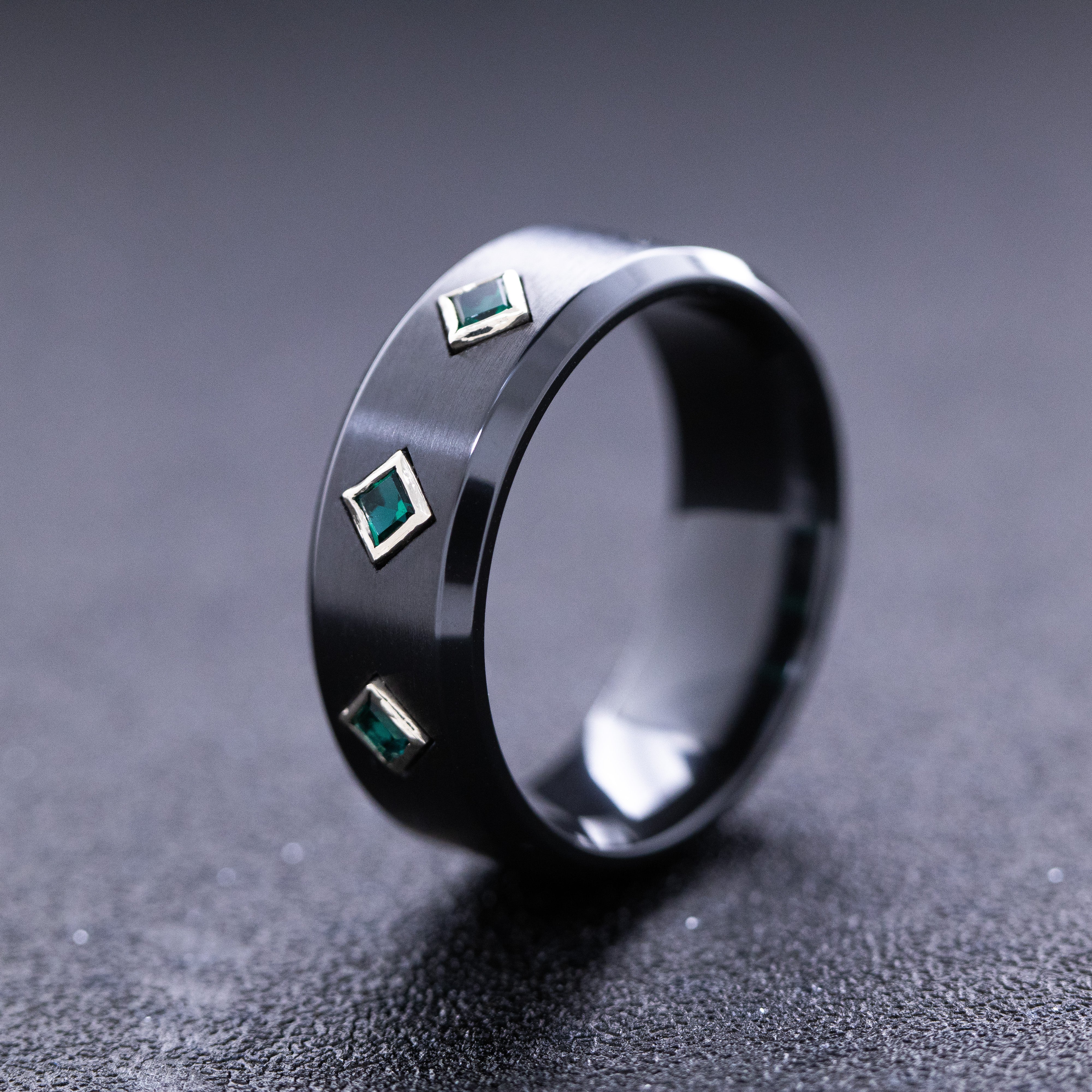 8mm Black Zirconium Ring with Three Princess Cut Gemstones