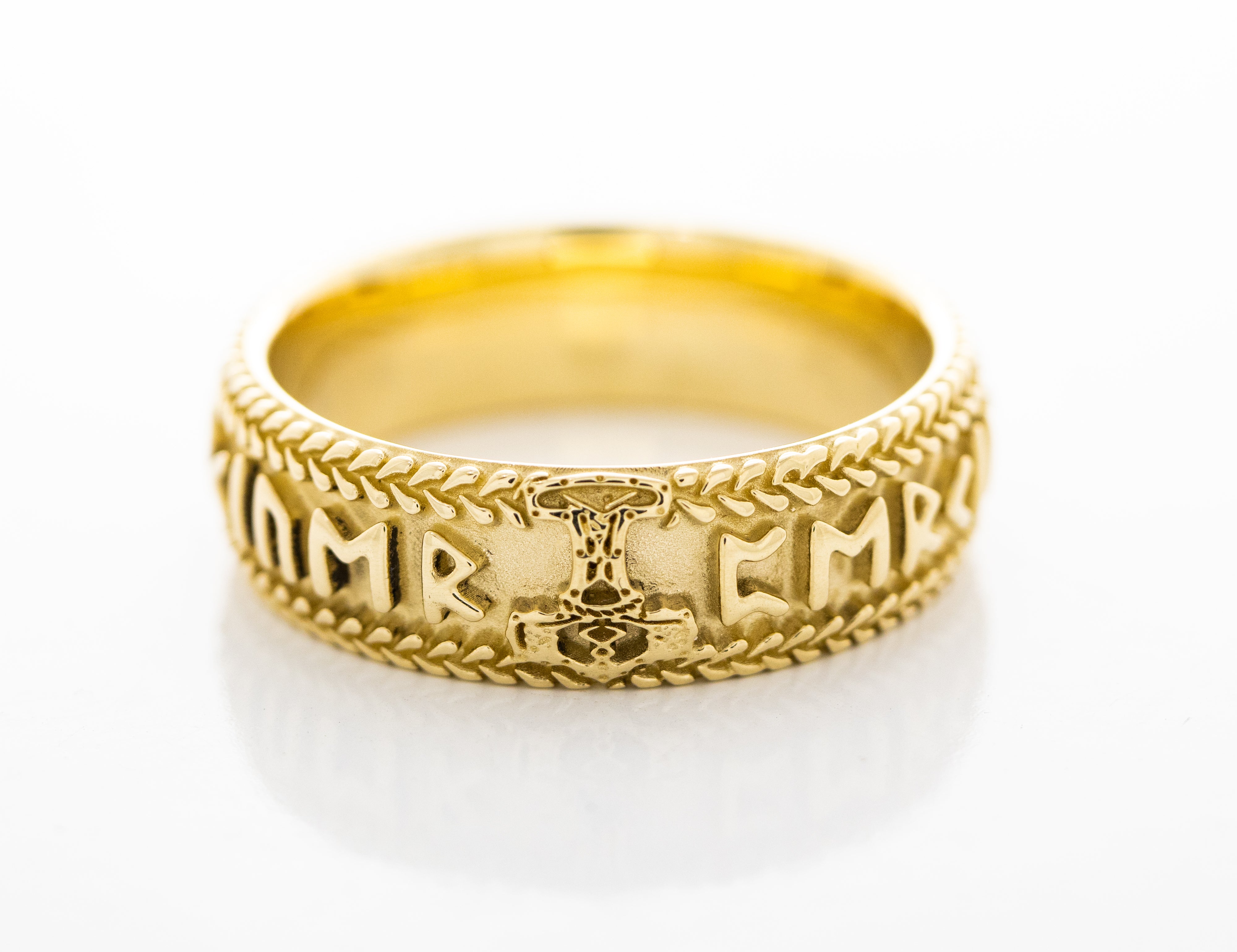 8mm Custom Made, Dome Shaped, Solid Yellow Gold Ring with Nordic Runes and Thor's Hammer