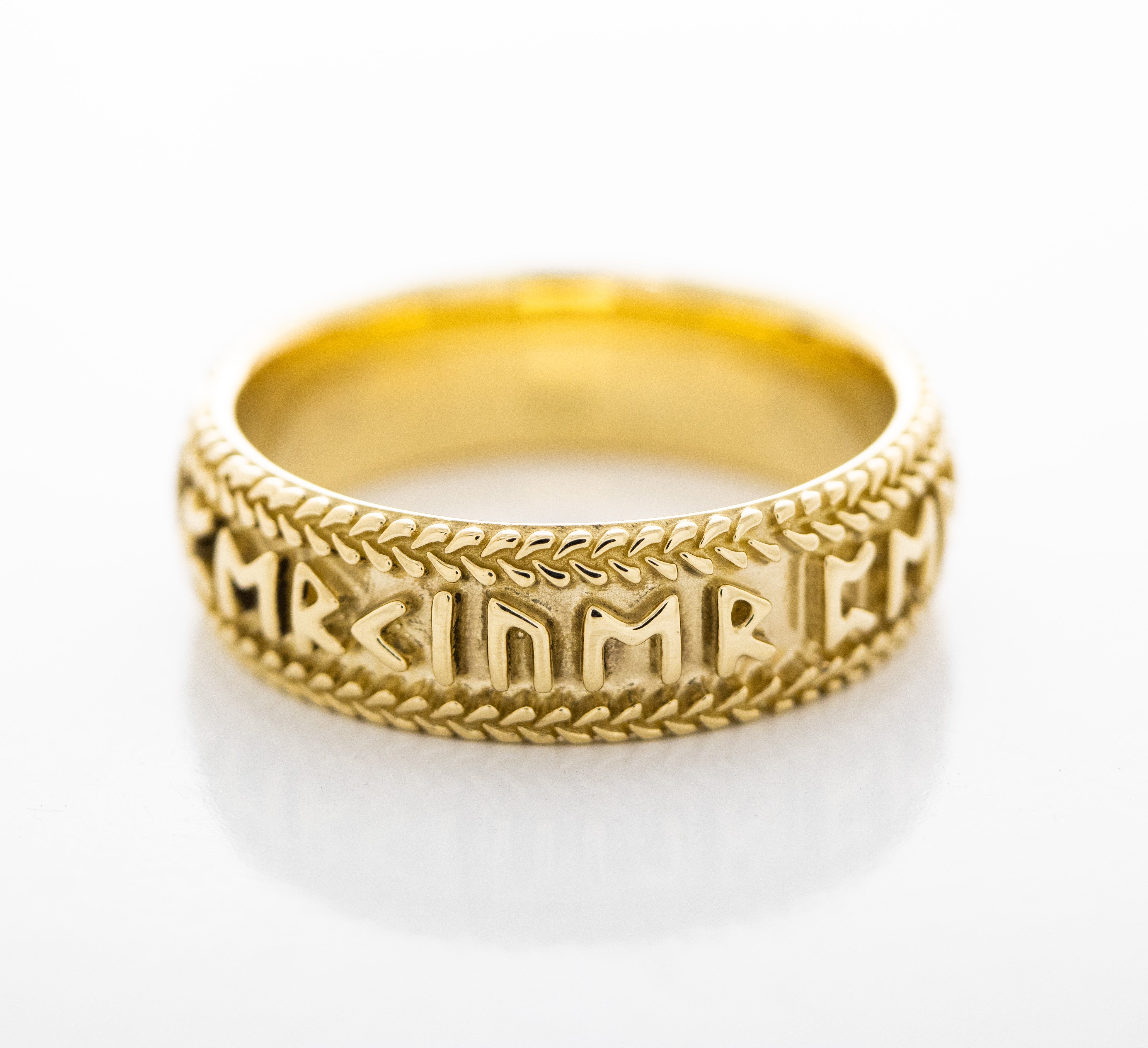8mm Custom Made, Dome Shaped, Solid Yellow Gold Ring with Nordic Runes and Thor's Hammer