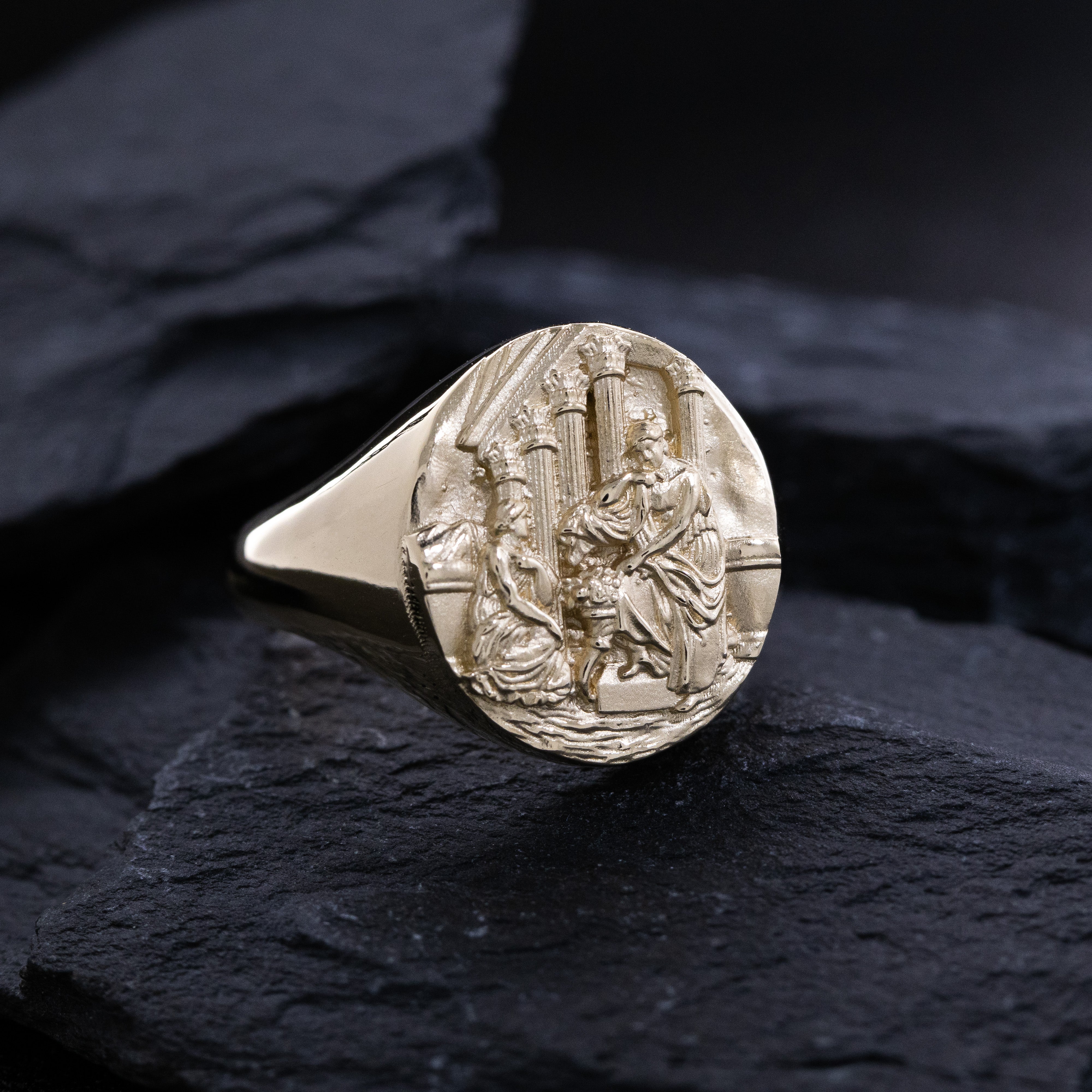Solid 14k Yellow Gold Signet Ring with Ancient Greek Women