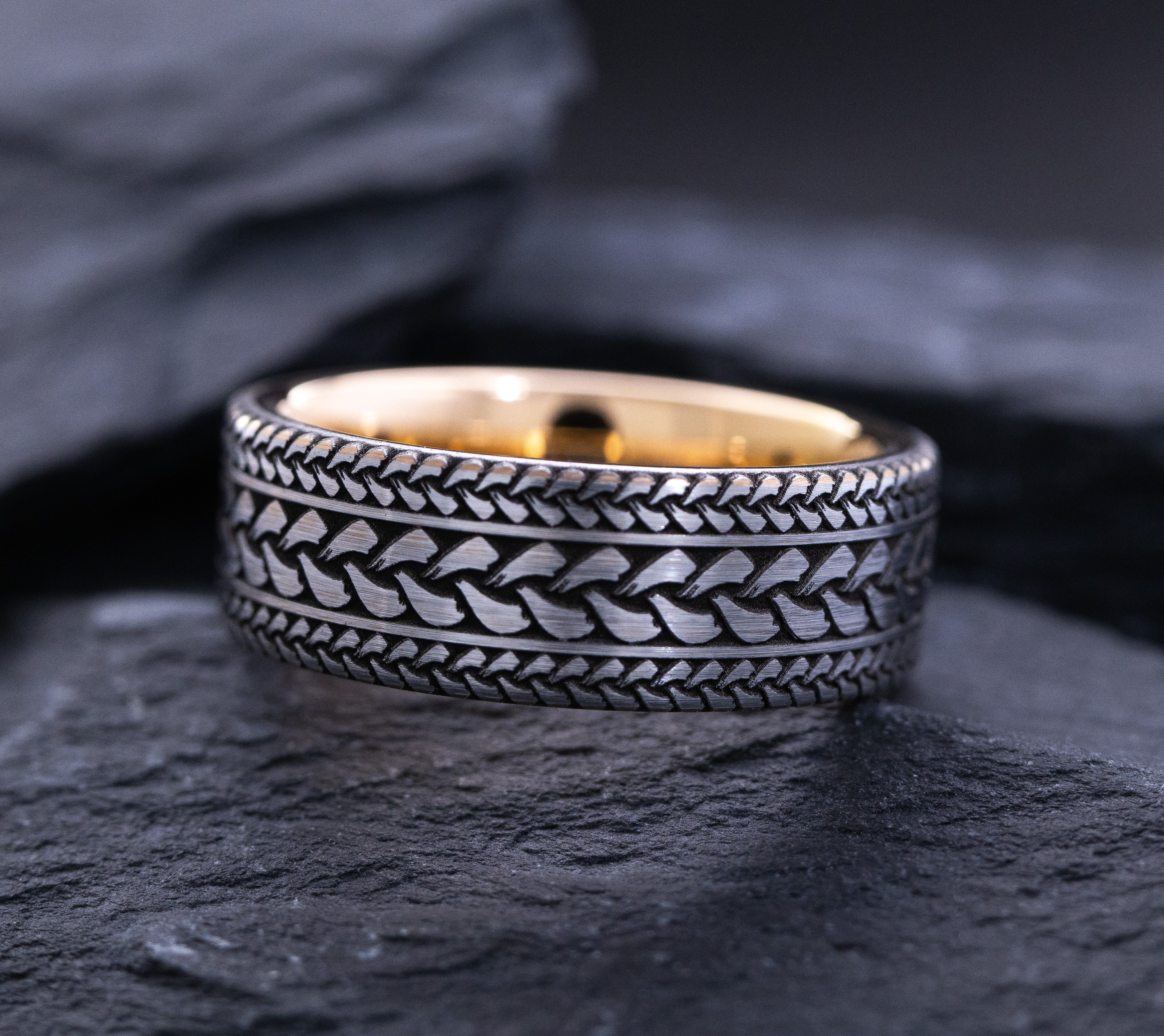8mm Tungsten Carbide Ring with Norse Braids and Rose Gold Plating