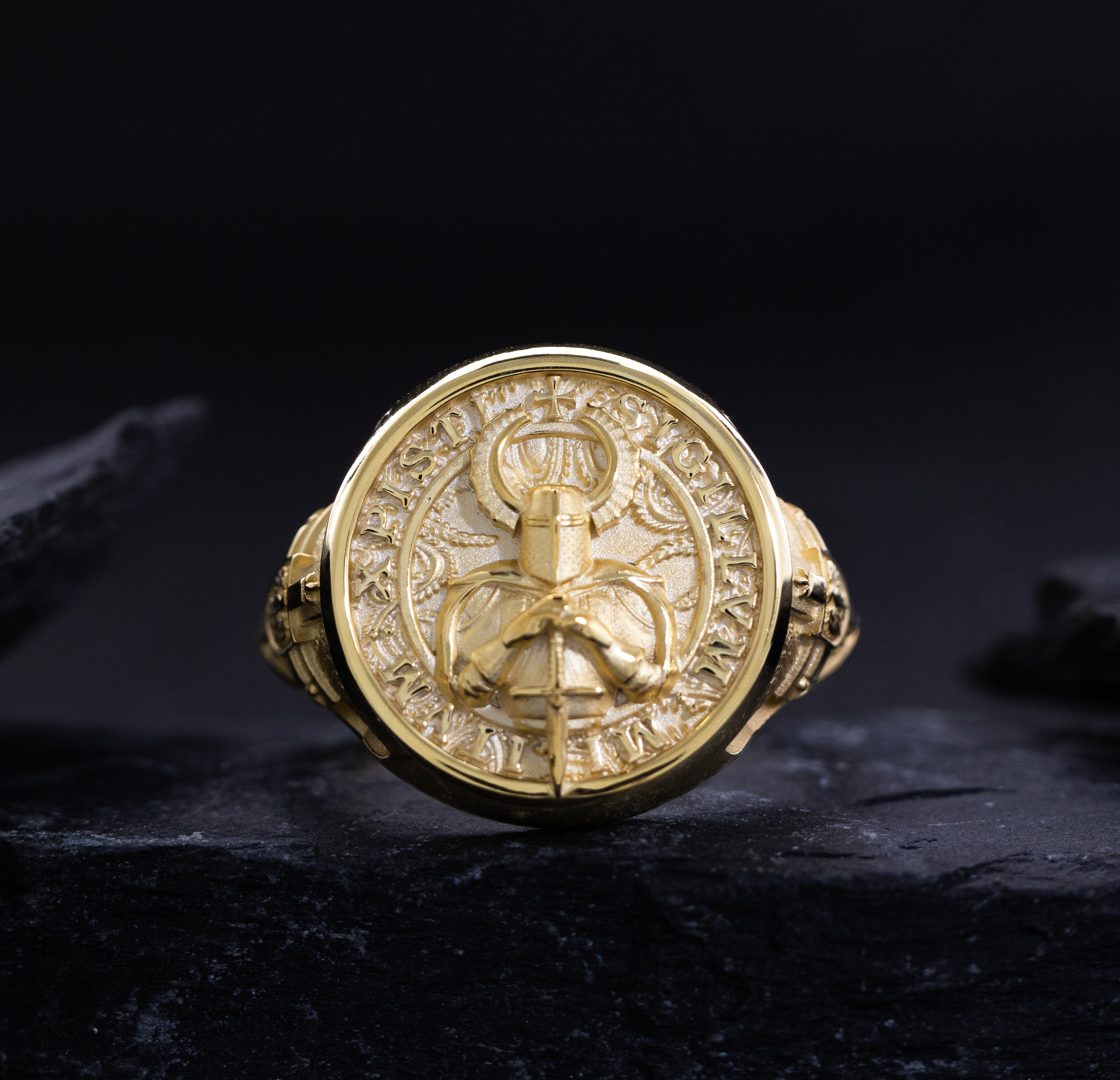 Solid 14k Yellow Gold Signet Ring with Teutonic Knight
