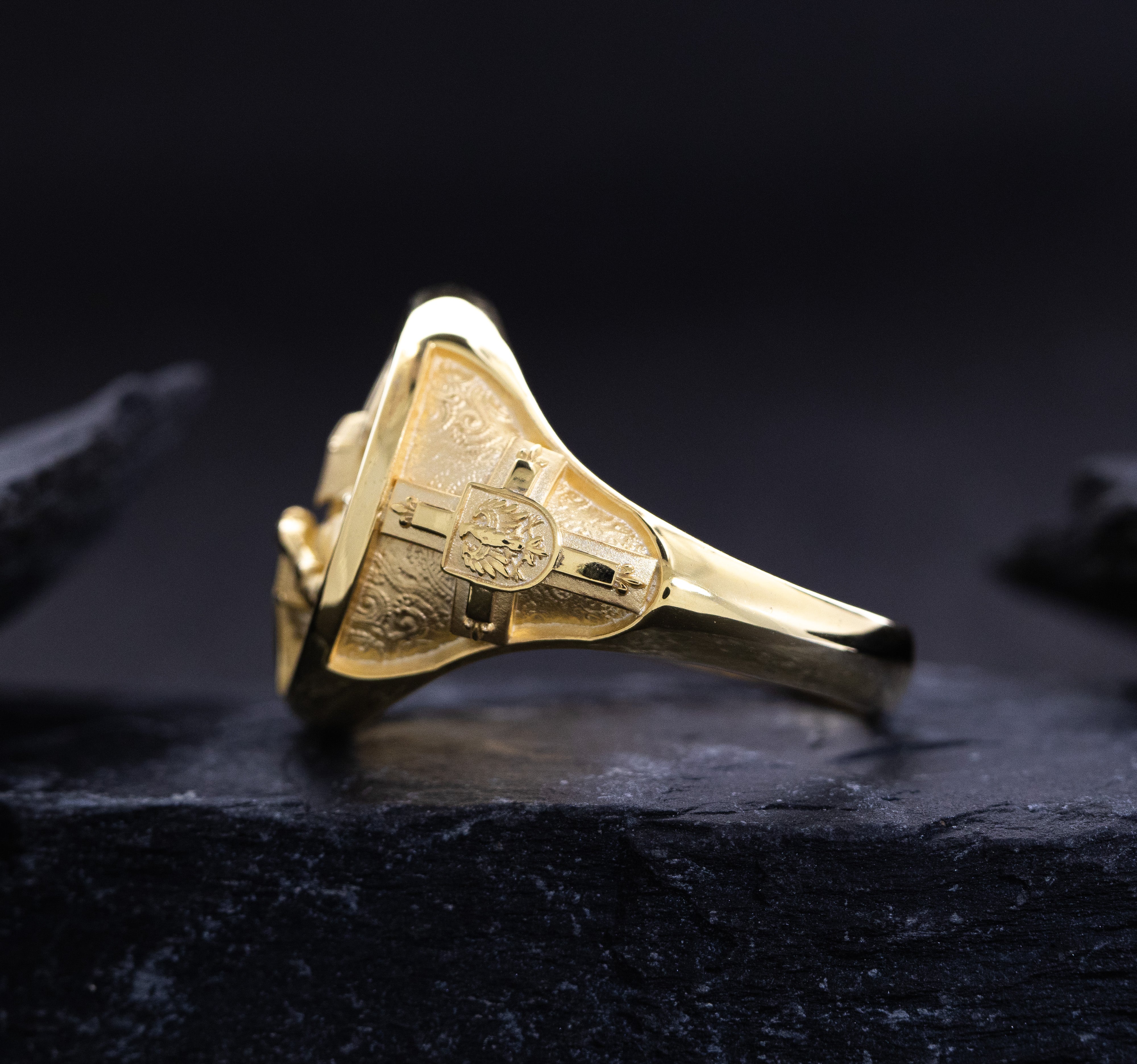 Solid 14k Yellow Gold Signet Ring with Teutonic Knight