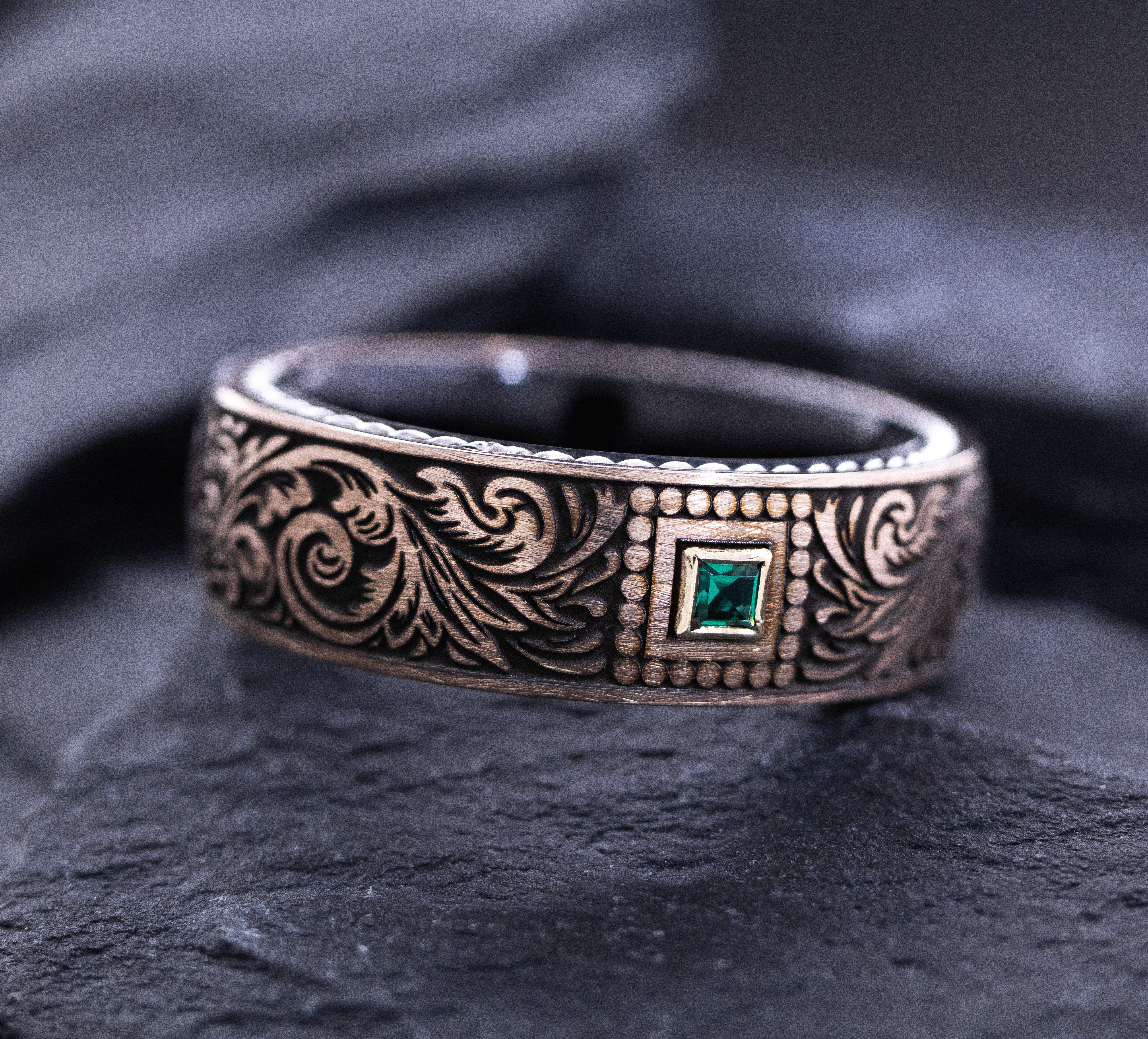 8mm Tungsten Ring with Rose Gold Plating, Braided Edges, Emerald and Victorian Floral Deep Engravings