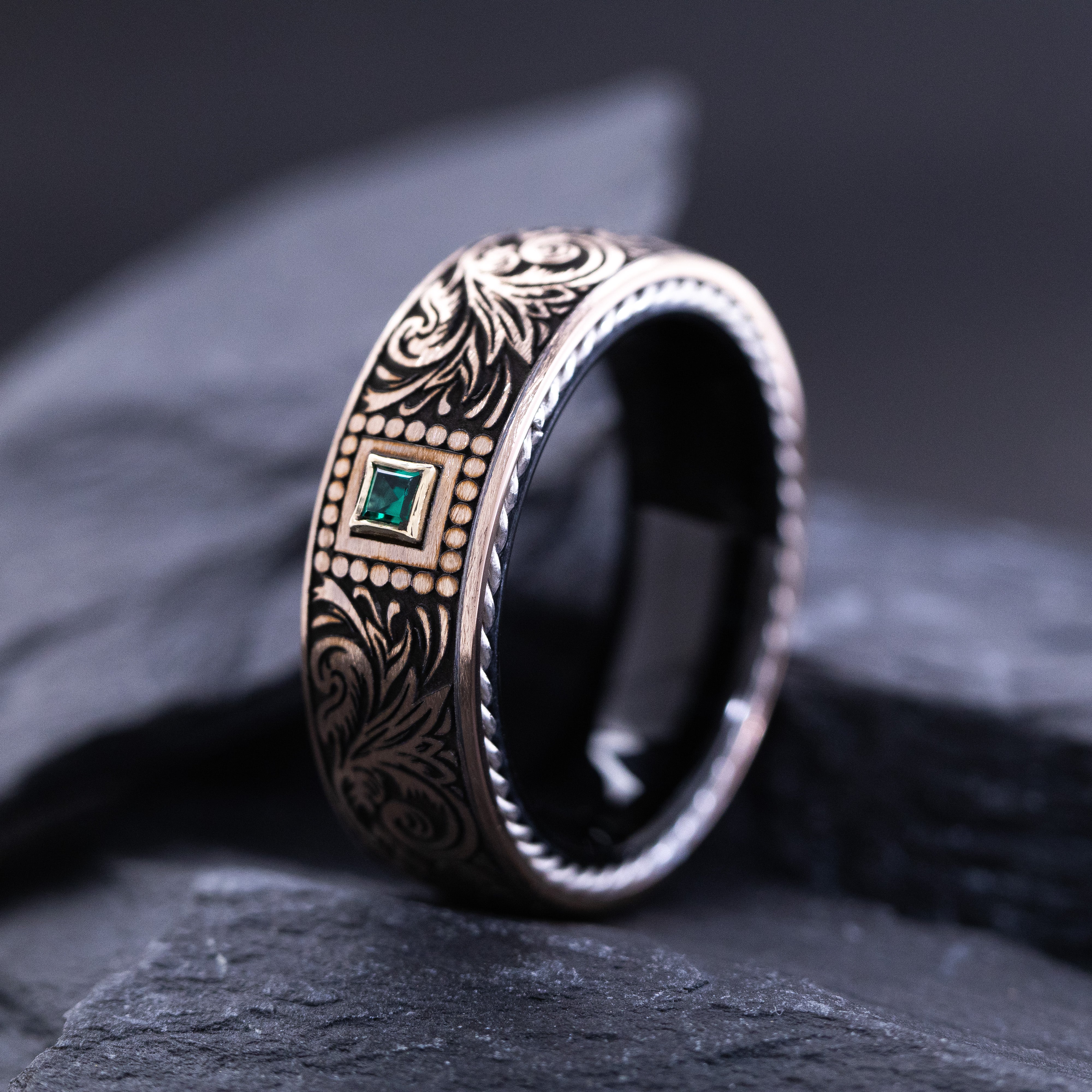 8mm Tungsten Ring with Rose Gold Plating, Braided Edges, Emerald and Victorian Floral Deep Engravings