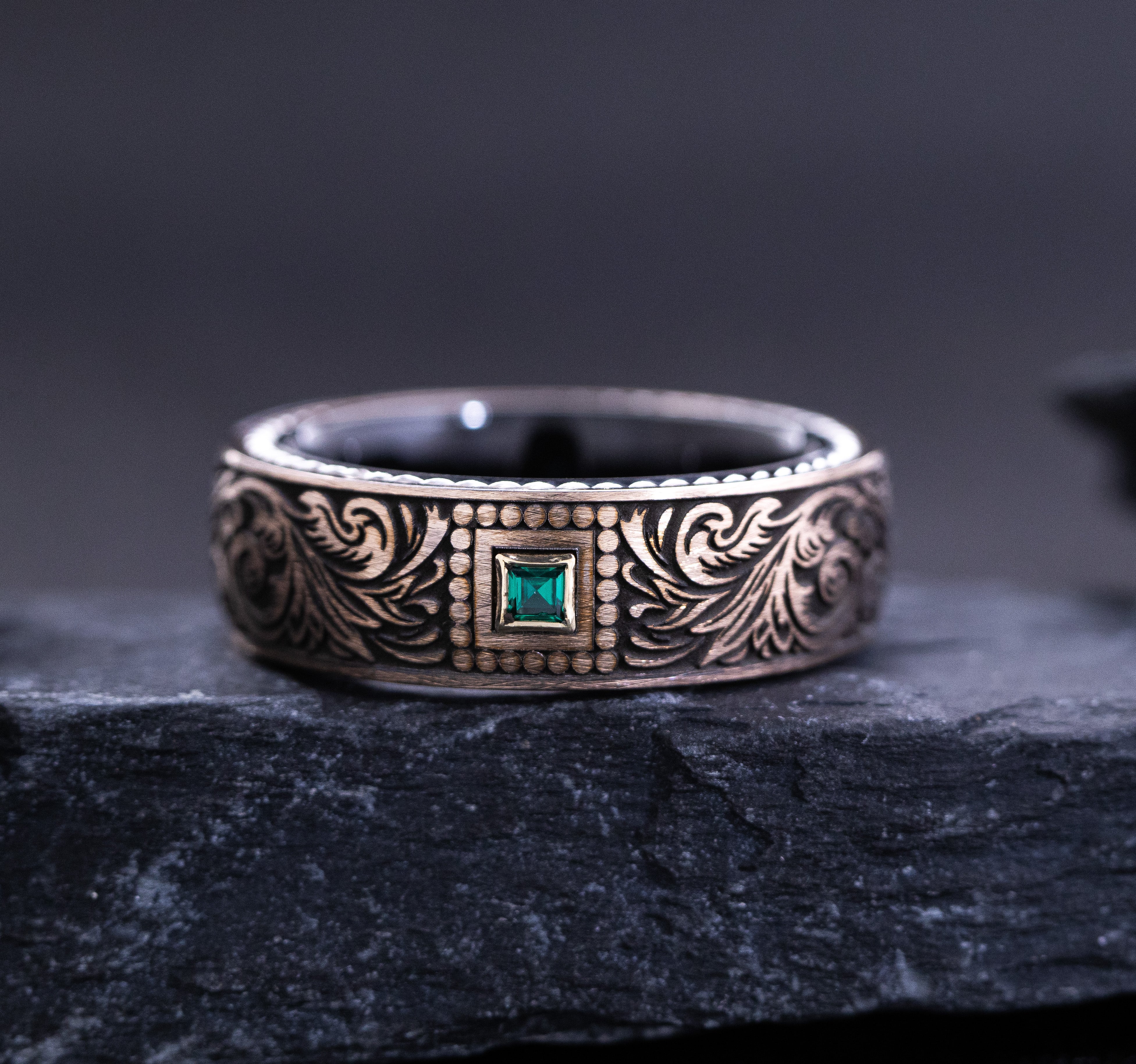 8mm Tungsten Ring with Rose Gold Plating, Braided Edges, Emerald and Victorian Floral Deep Engravings