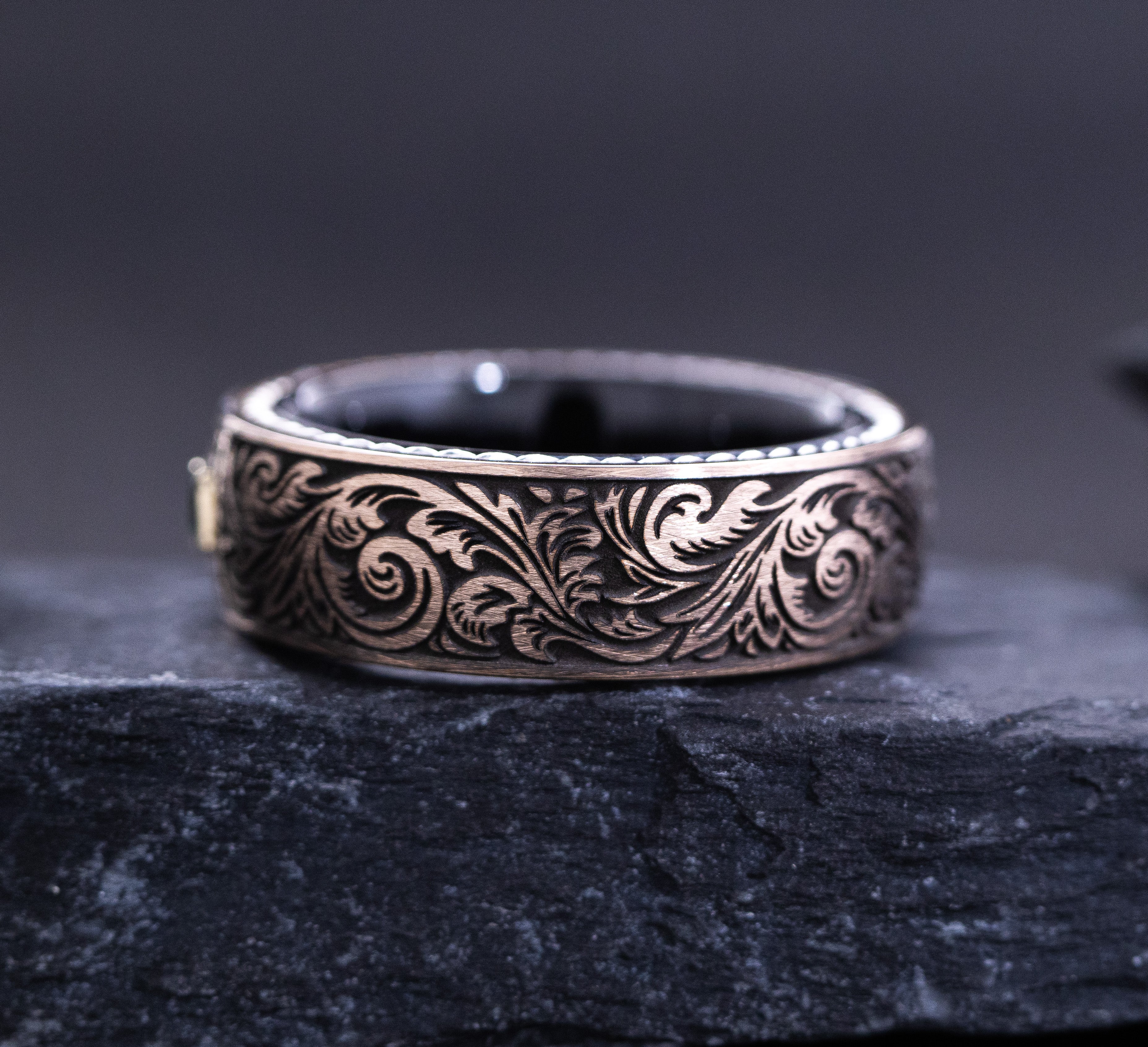 8mm Tungsten Ring with Rose Gold Plating, Braided Edges, Emerald and Victorian Floral Deep Engravings