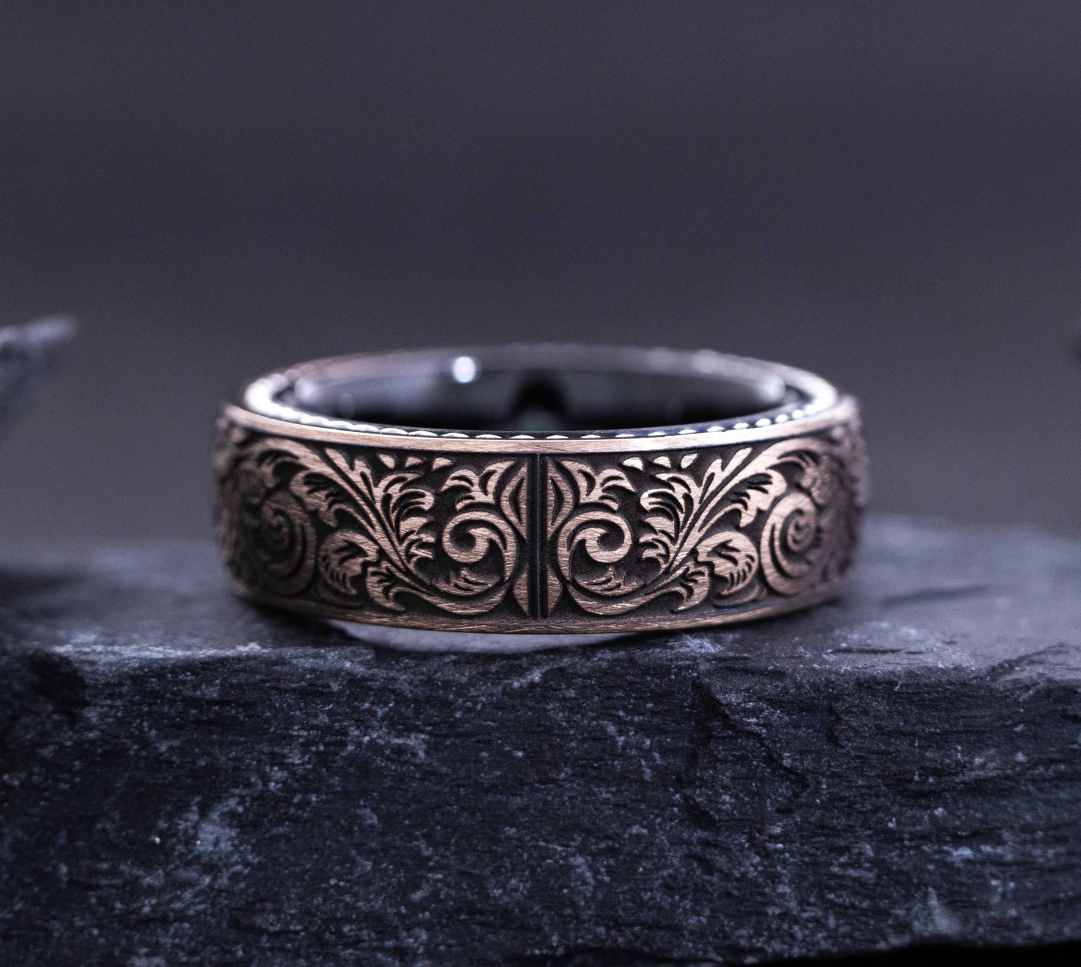 8mm Tungsten Ring with Rose Gold Plating, Braided Edges, Emerald and Victorian Floral Deep Engravings
