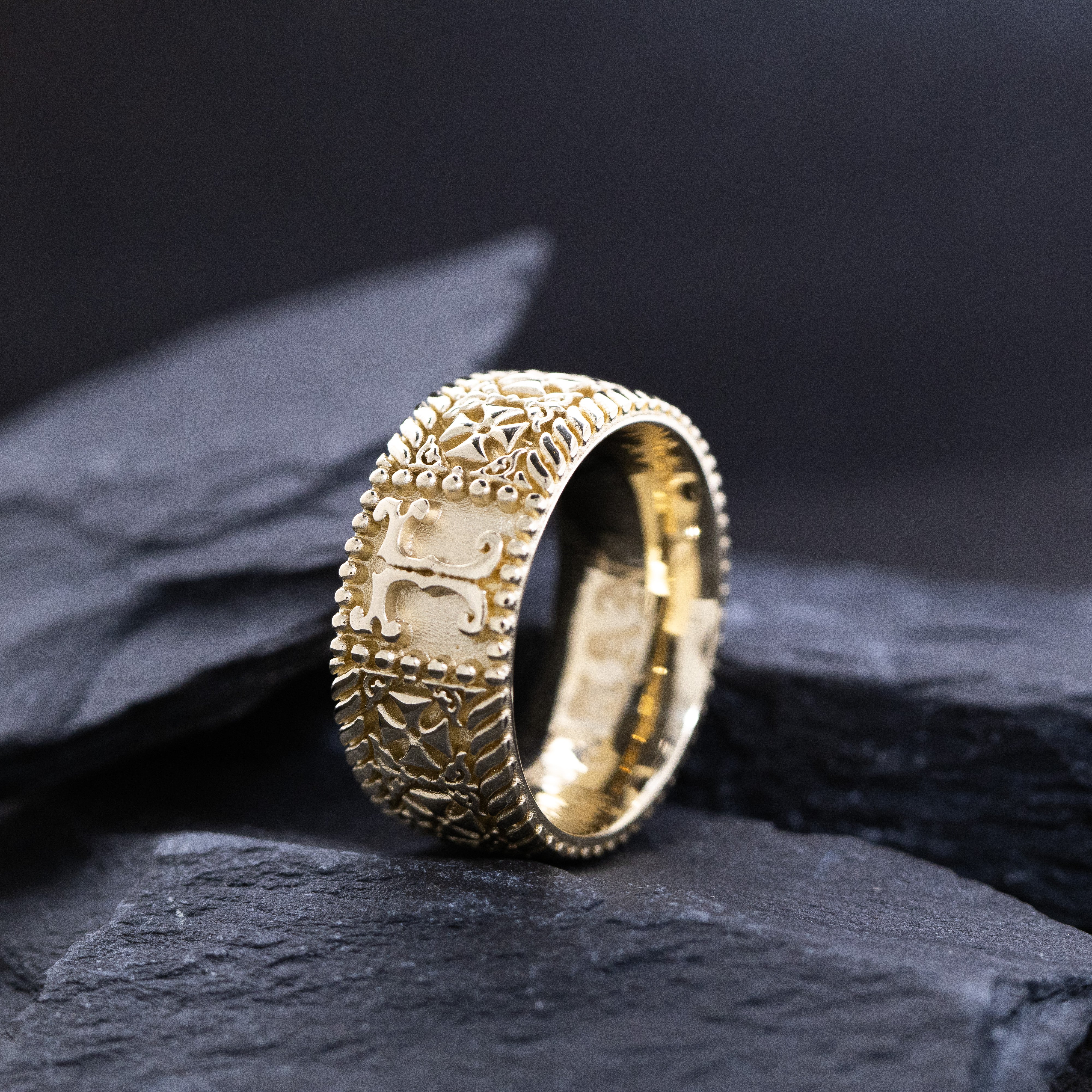 9mm Custom Made, Flat Shaped, Solid Yellow Gold Ring with Celtic Crosses and Personalized Monogram