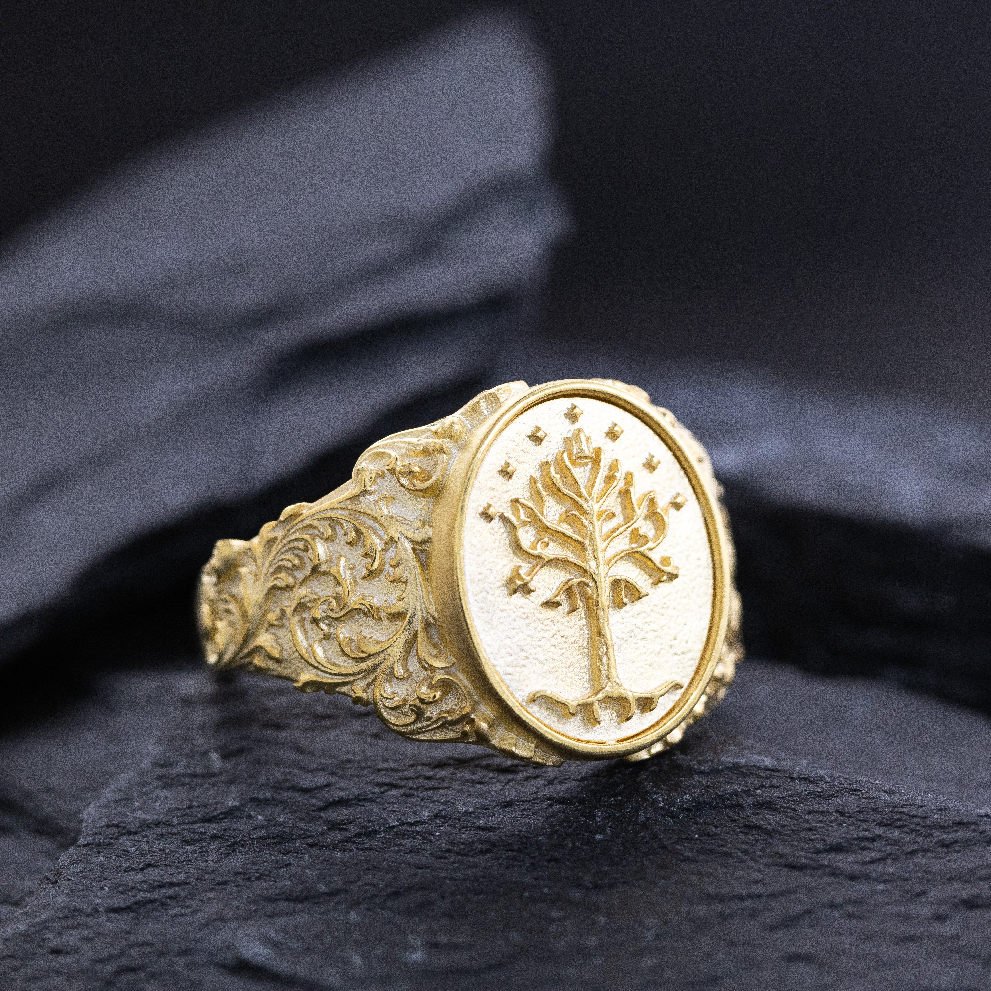 Elvish Signet Ring, 14k Solid Yellow Gold Ring with Floral Patterns