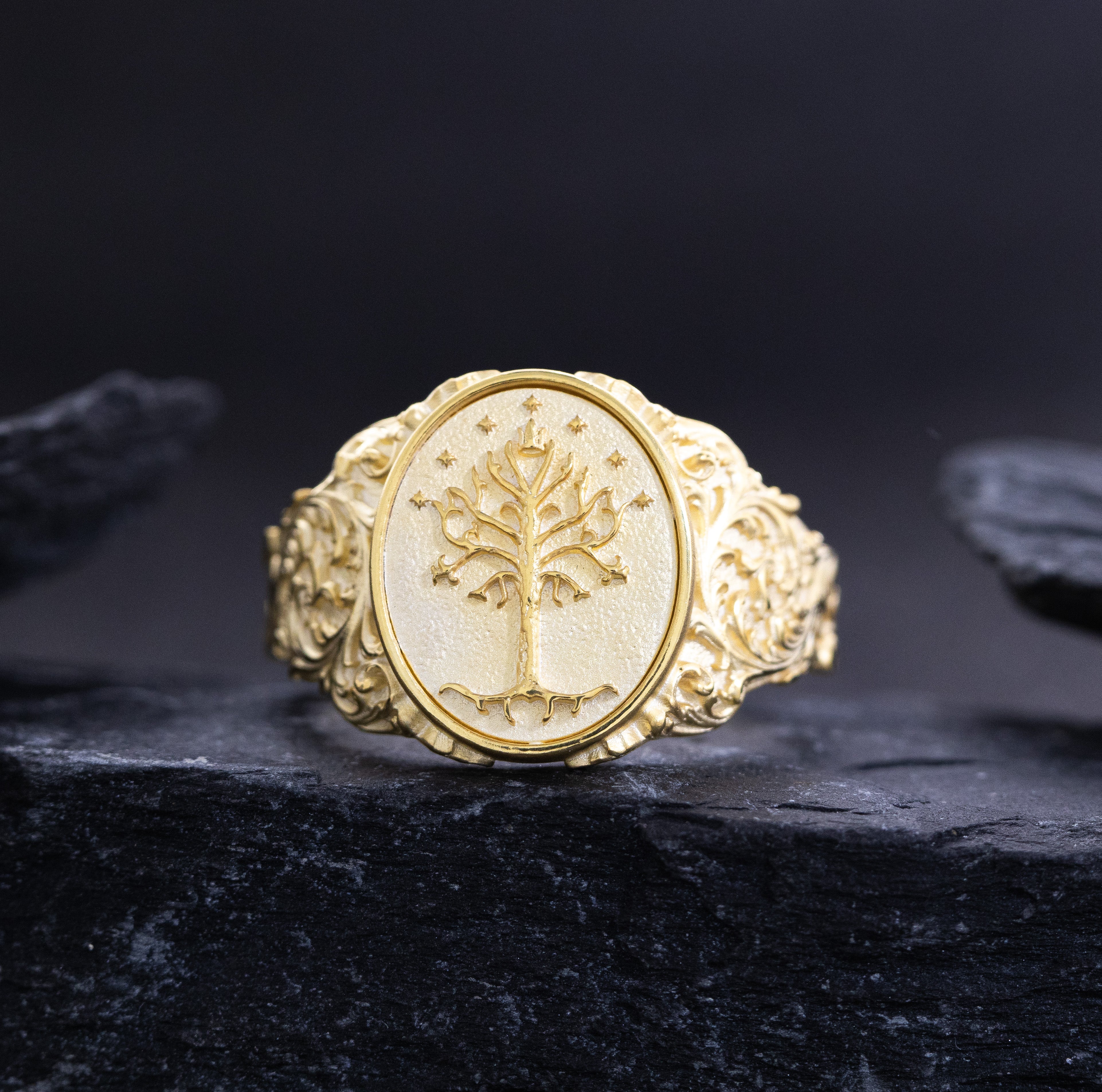 Elvish Signet Ring, 14k Solid Yellow Gold Ring with Floral Patterns
