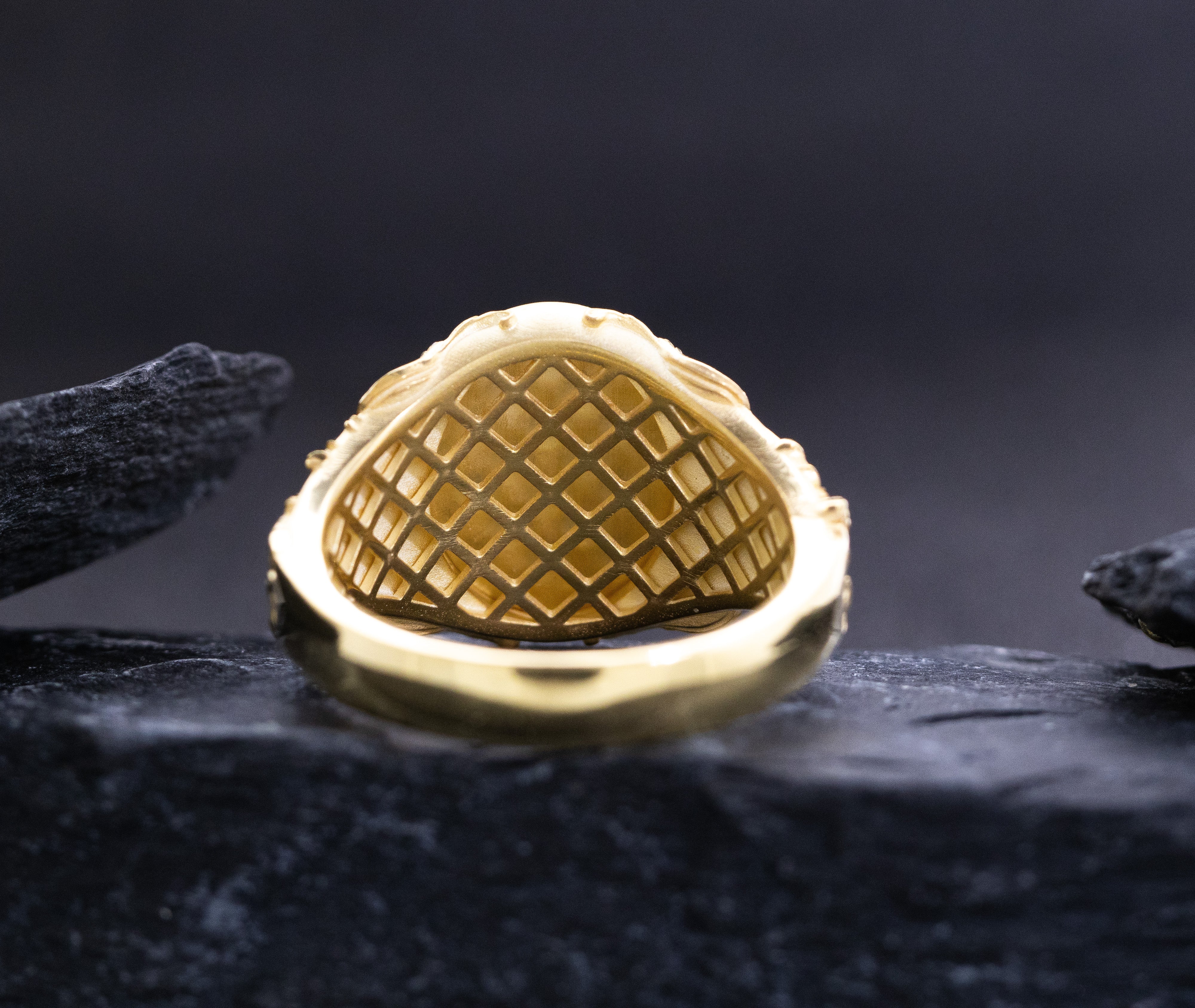 Elvish Signet Ring, 14k Solid Yellow Gold Ring with Floral Patterns