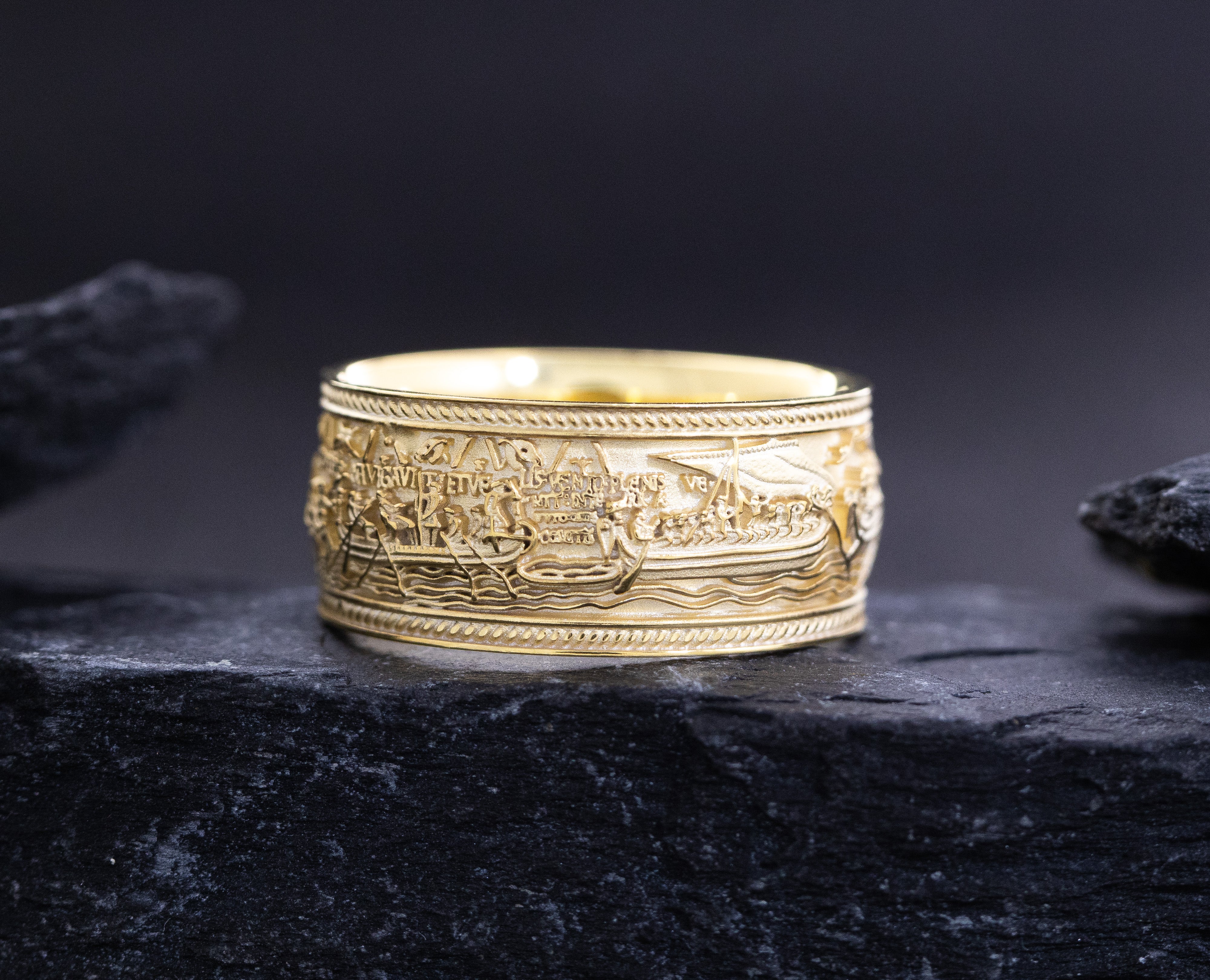 10mm Solid Yellow Gold Band with Bayeux Tapestry Relief