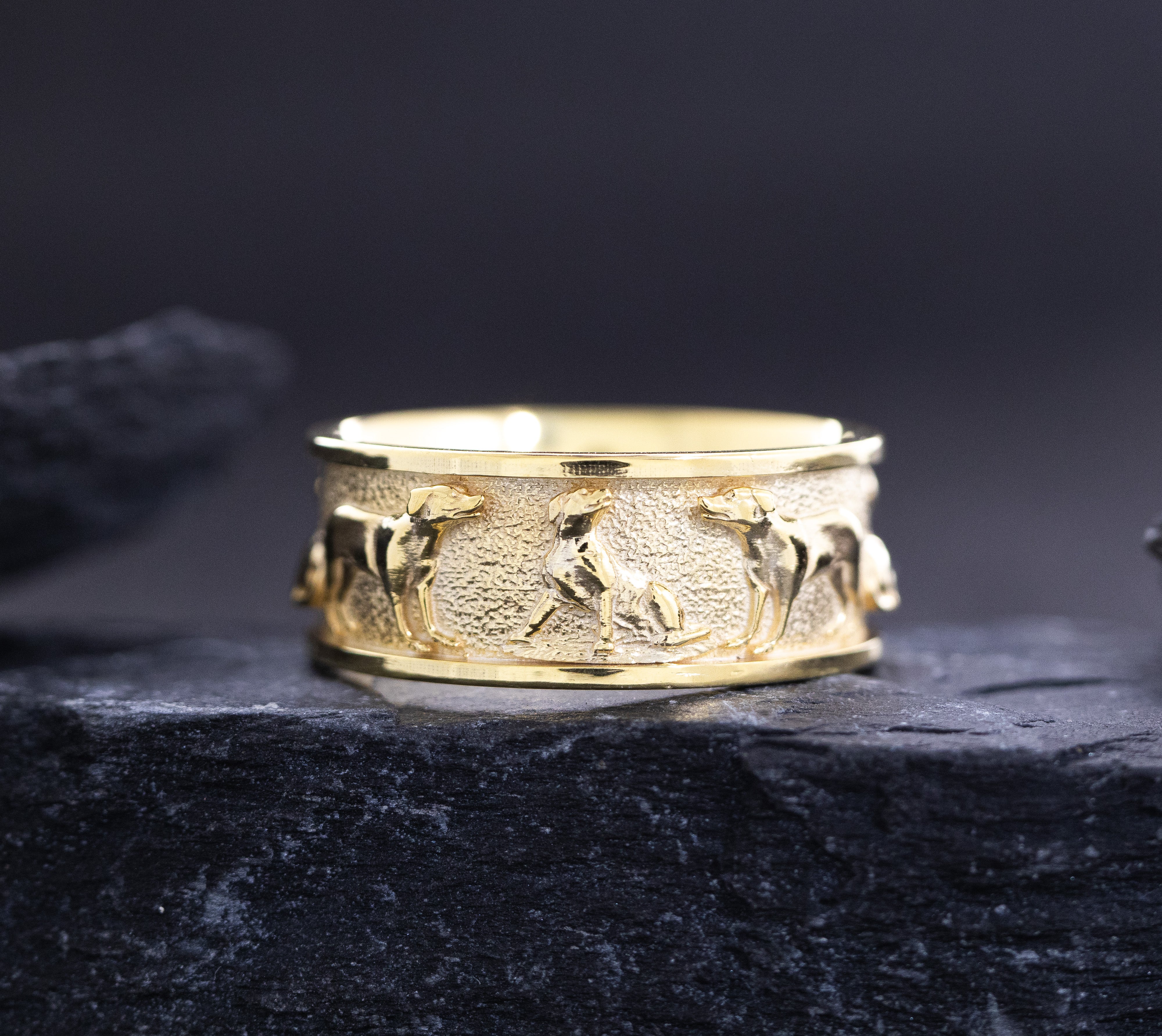 10mm Solid Yellow Gold Band with Labrador Retriever Reliefs