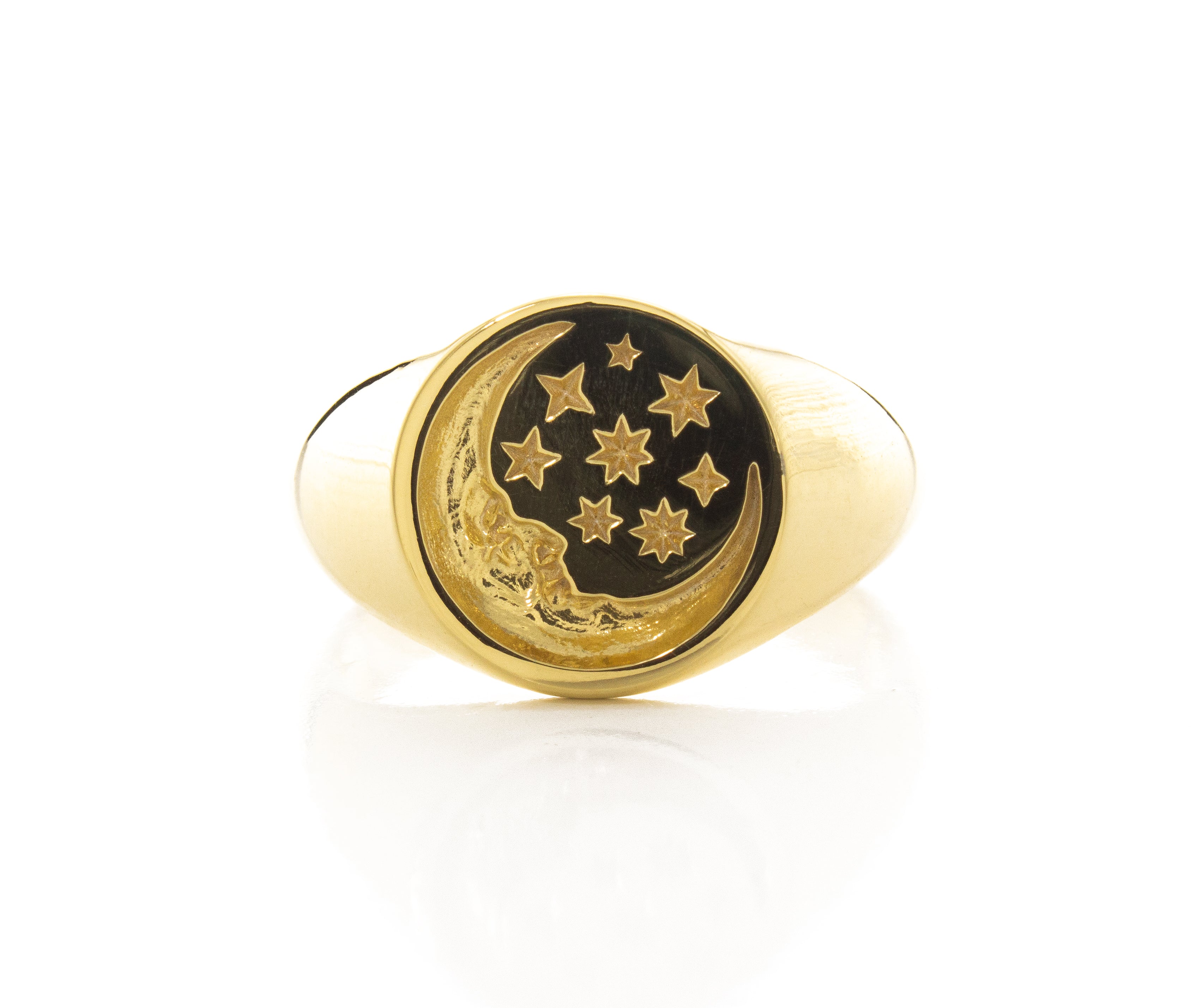 Moon Face and Stars Wax Seal Signet Ring, 14k Solid Yellow Gold Ring