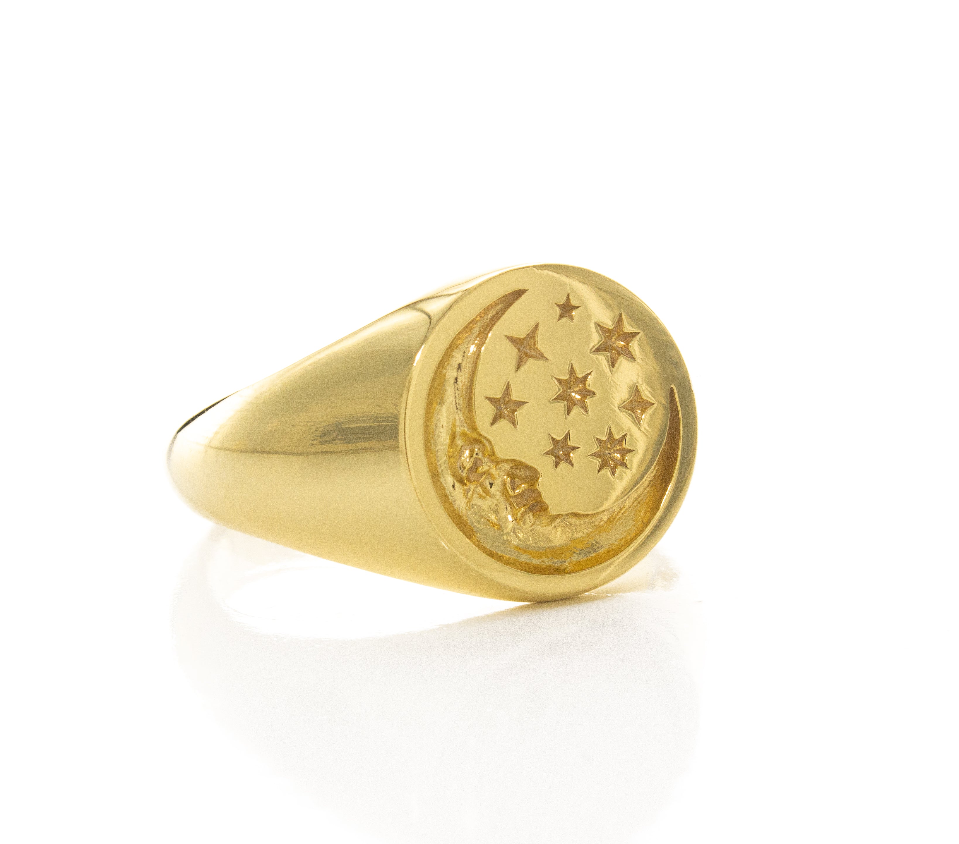 Moon Face and Stars Wax Seal Signet Ring, 14k Solid Yellow Gold Ring