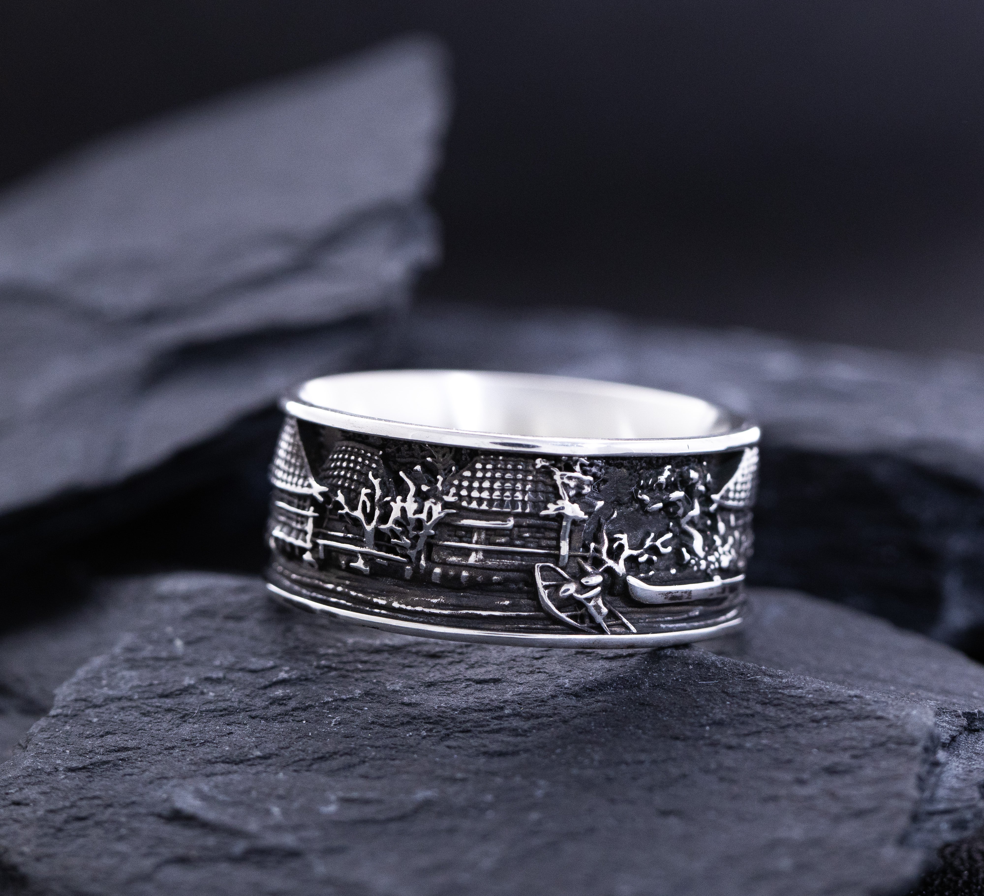 Sterling Silver Ring Inspired by Japanese Woodblock Artwork