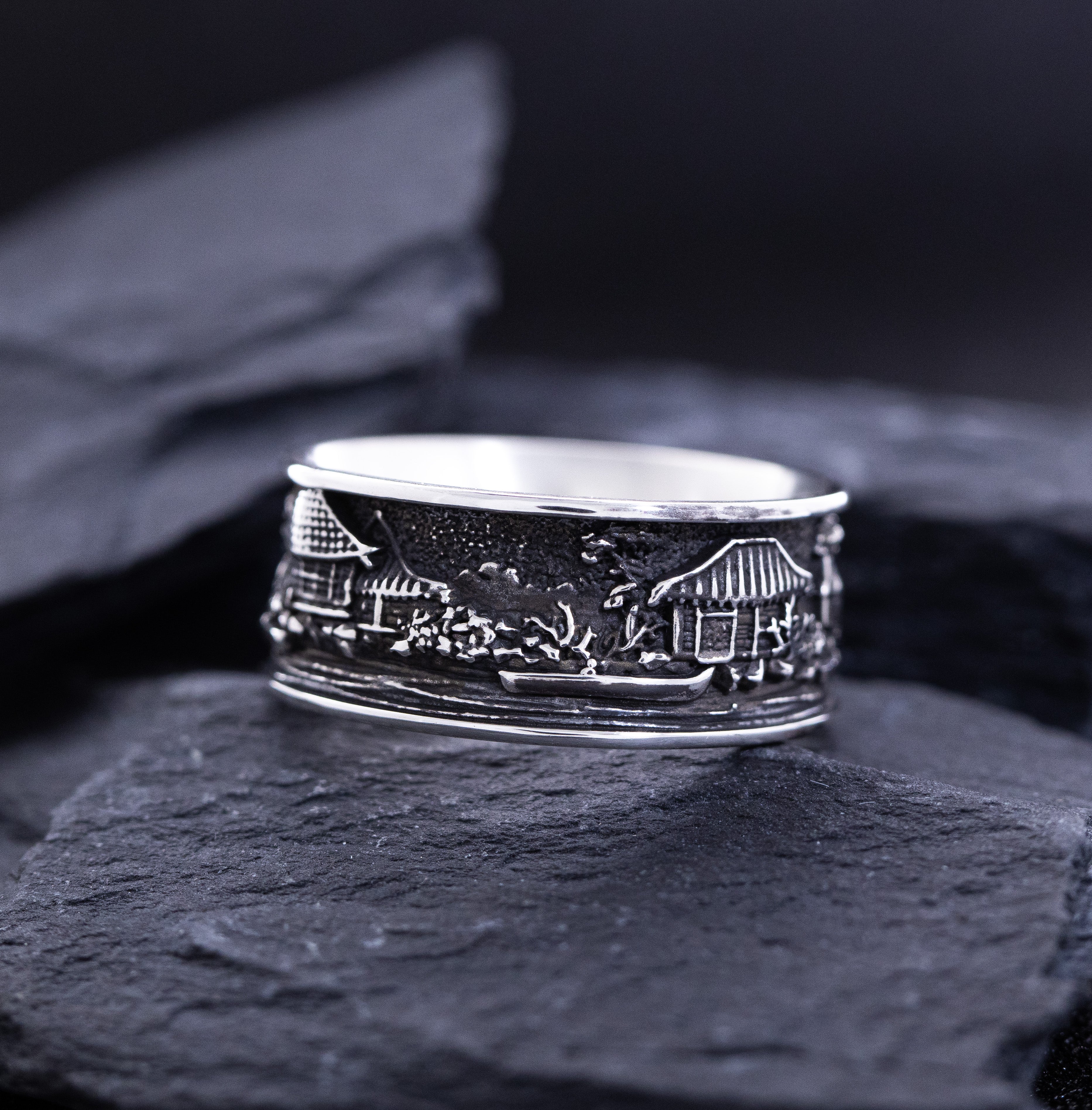 Sterling Silver Ring Inspired by Japanese Woodblock Artwork