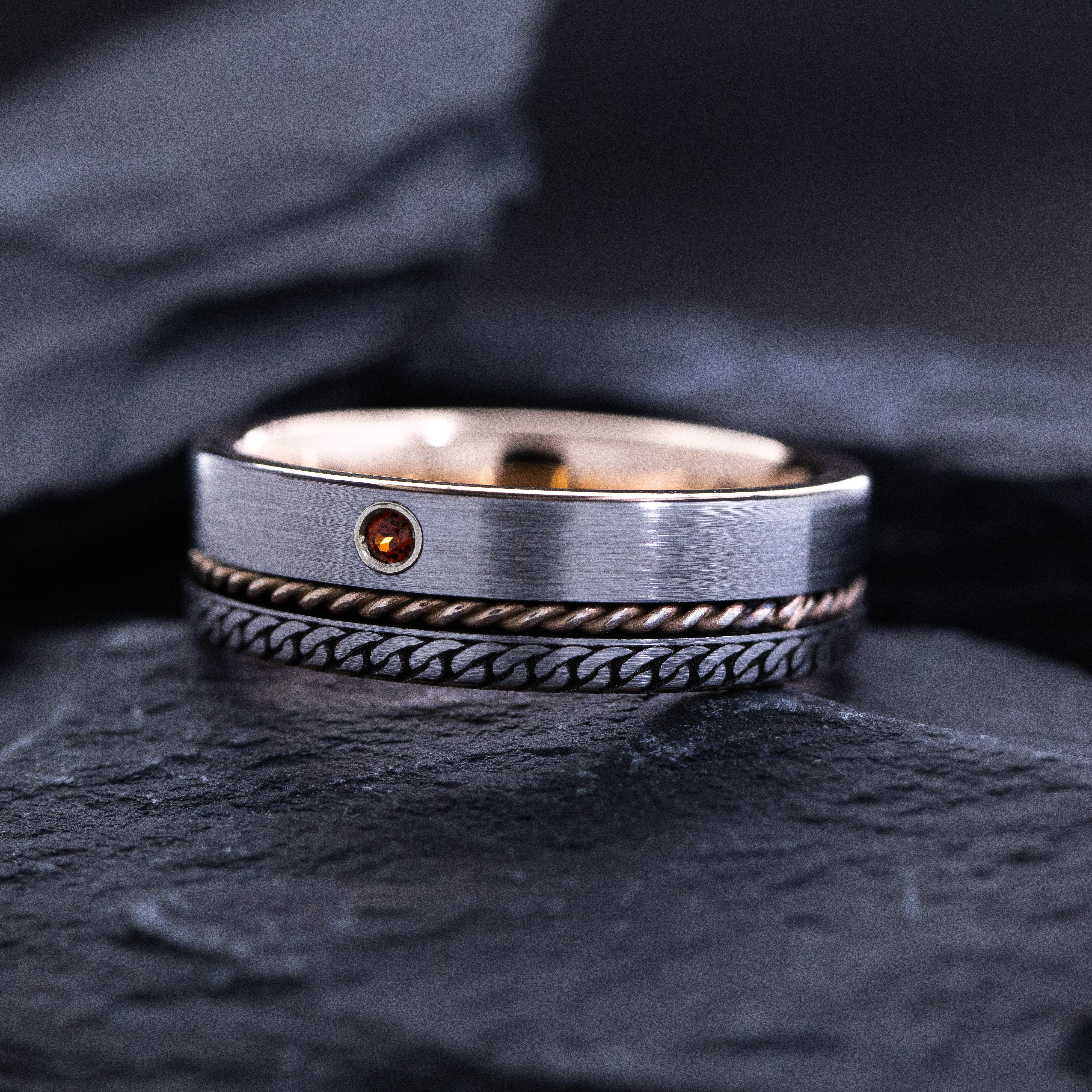 8mm Tungsten Carbide Ring with Rose Gold Plating, Round Cut Gemstone and Celtic Knot Engravings