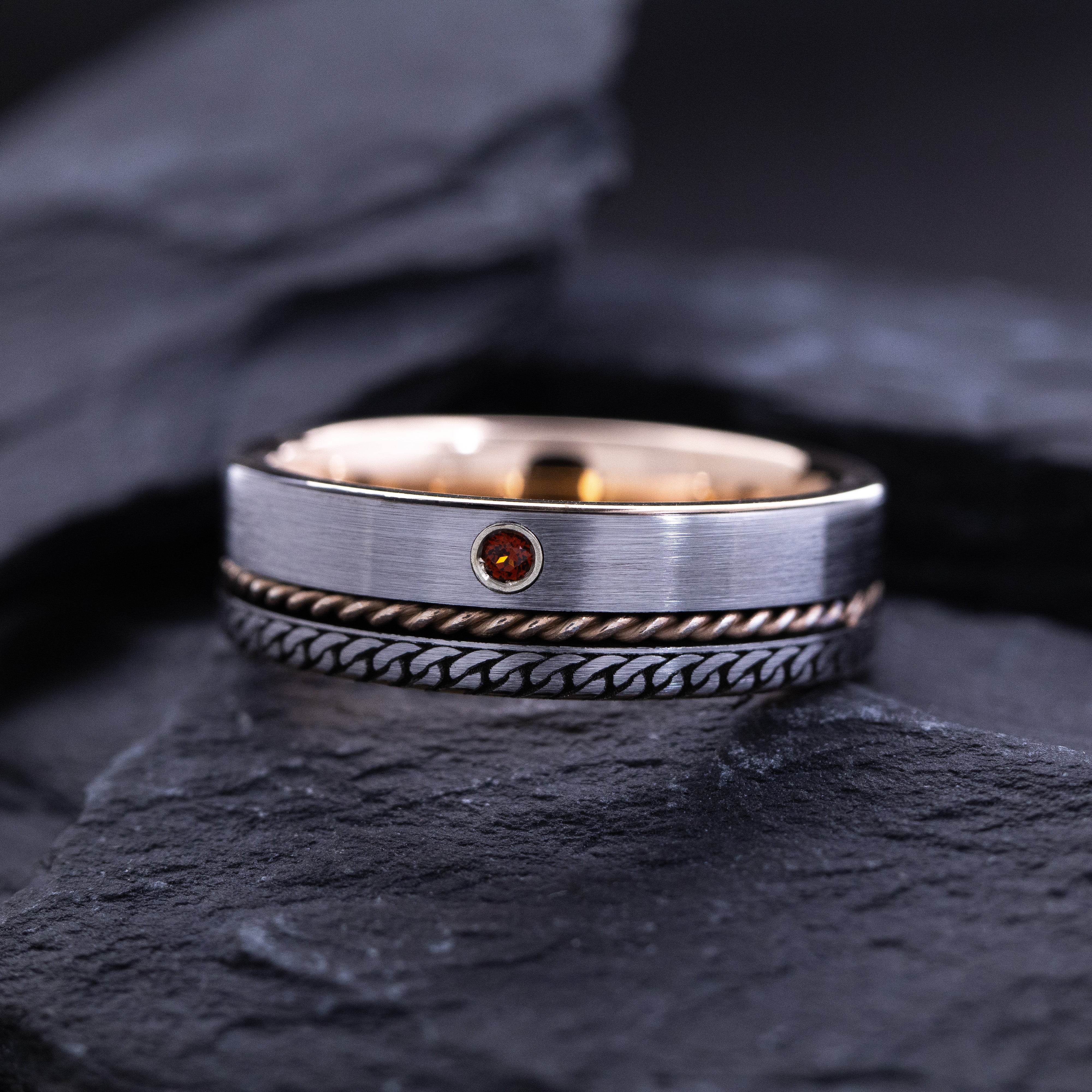 8mm Tungsten Carbide Ring with Rose Gold Plating, Round Cut Gemstone and Celtic Knot Engravings