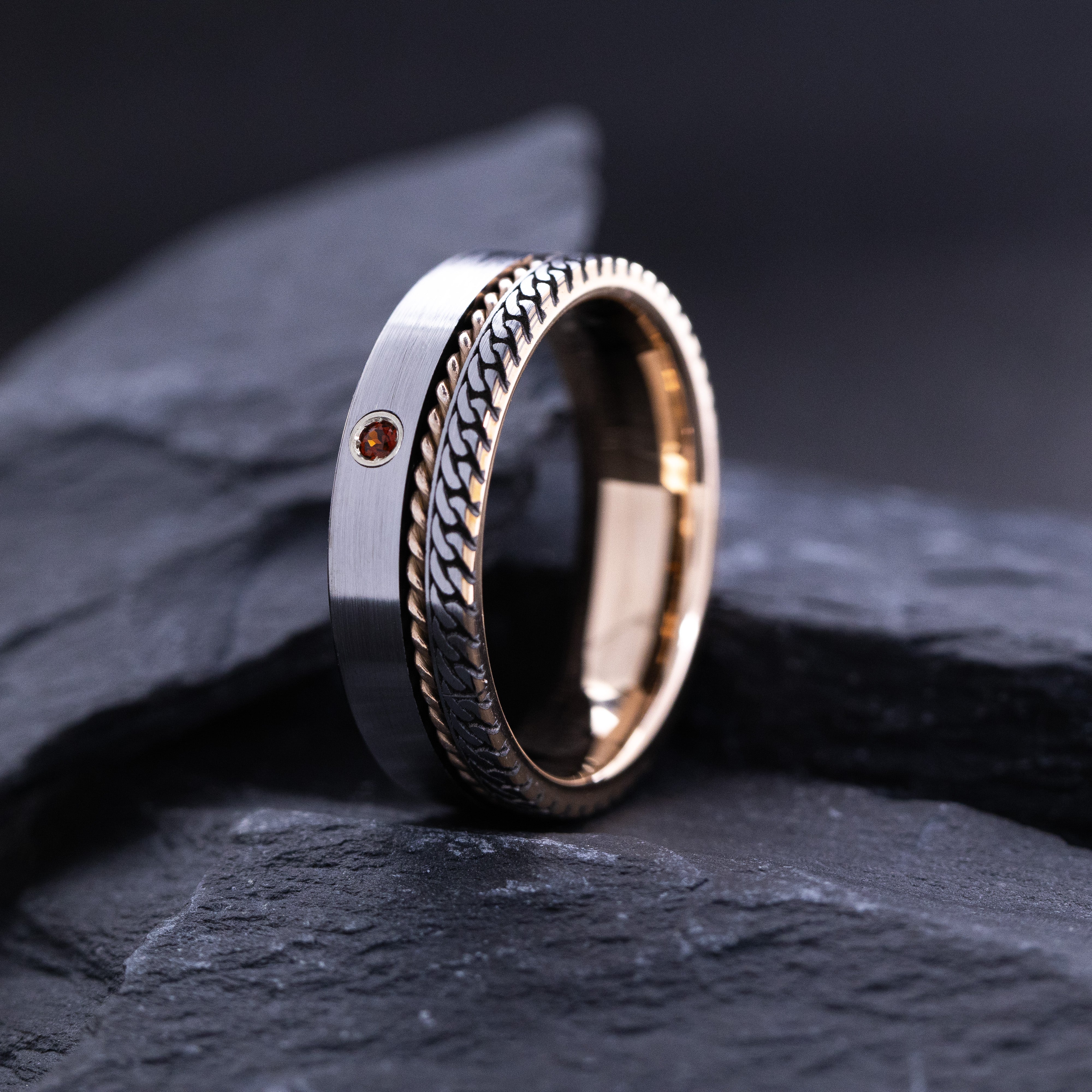 8mm Tungsten Carbide Ring with Rose Gold Plating, Round Cut Gemstone and Celtic Knot Engravings