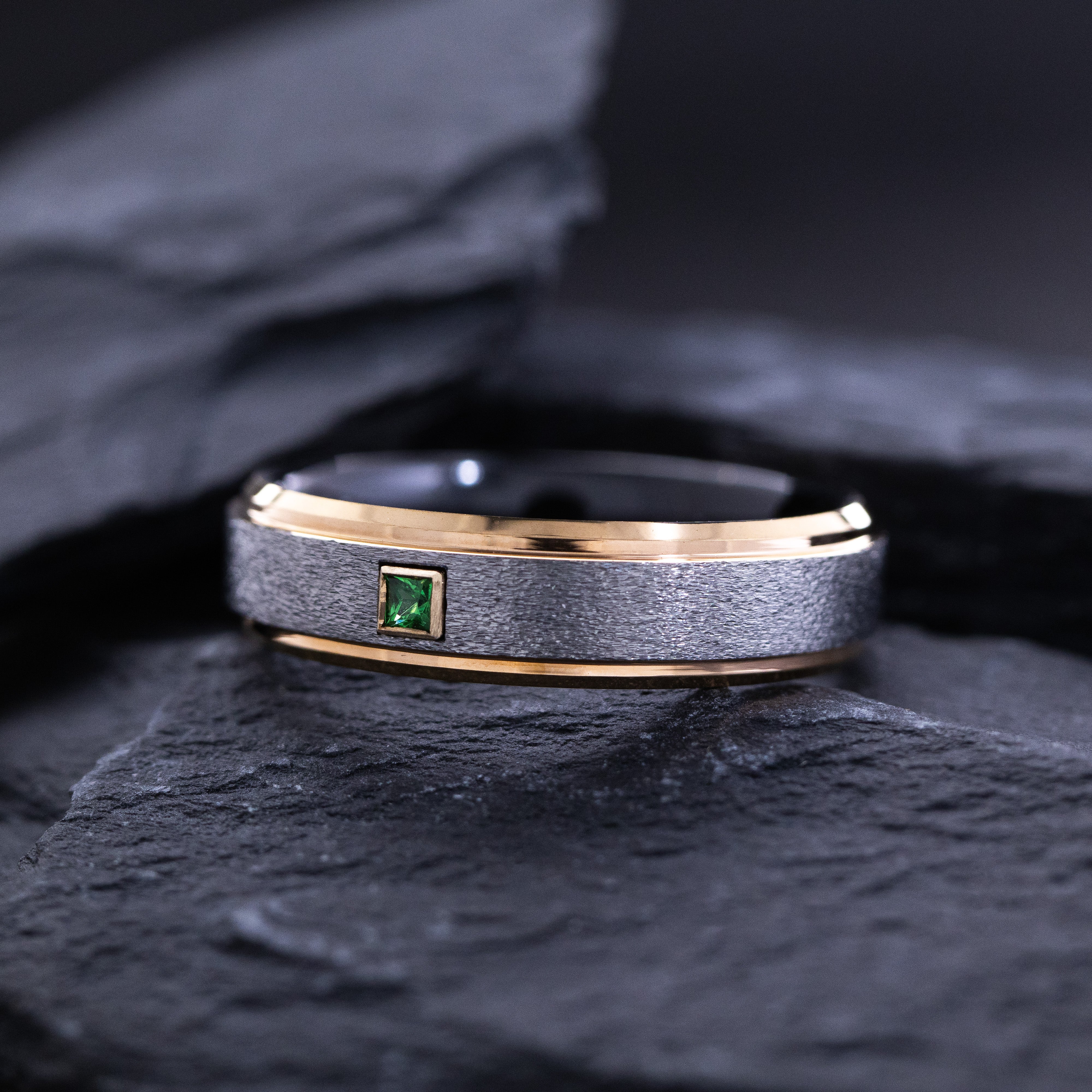 6mm Tungsten Ring with Stone Finish Exterior, Rose Gold Plated Stepped Edges with Square Cut Gemstone