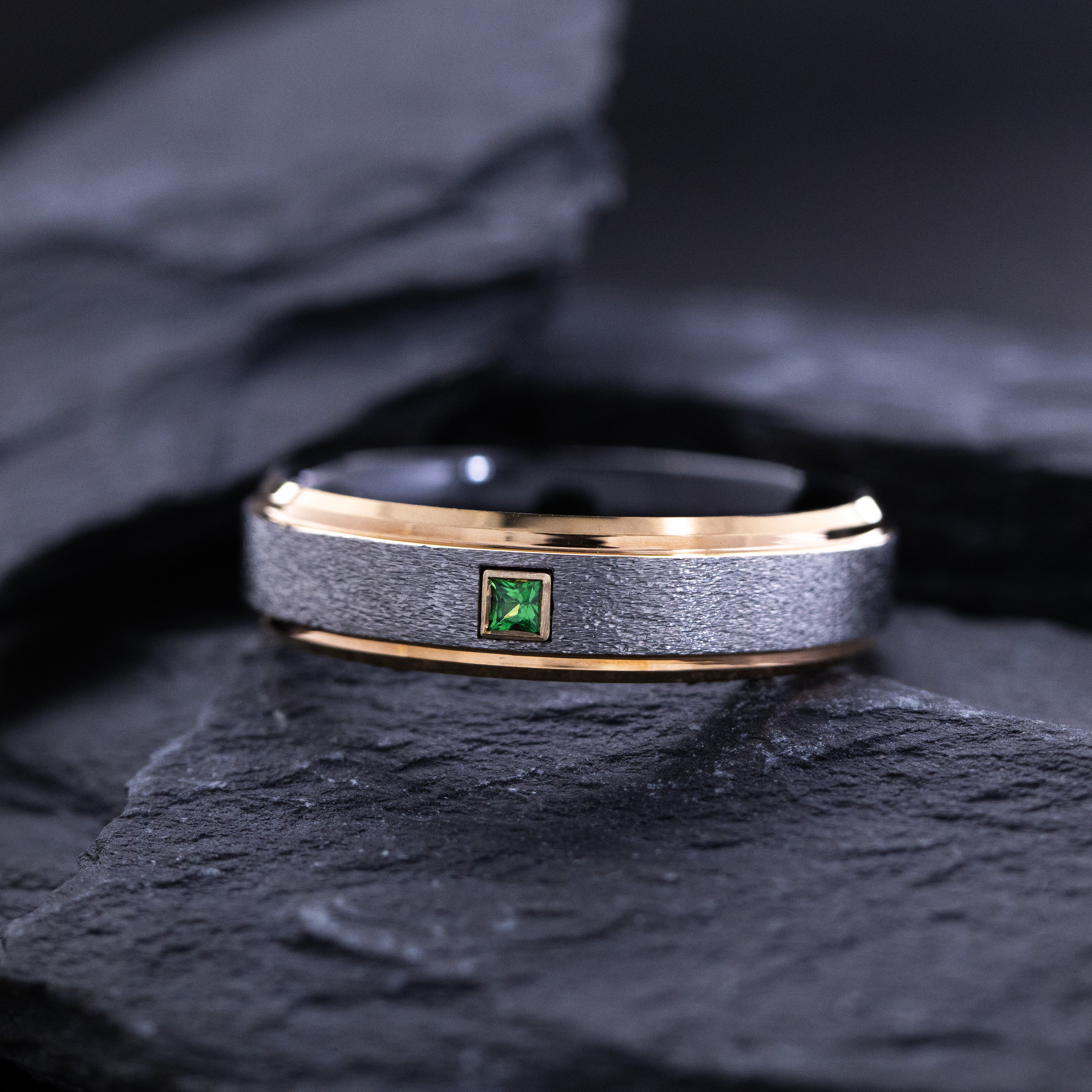6mm Tungsten Ring with Stone Finish Exterior, Rose Gold Plated Stepped Edges with Square Cut Gemstone