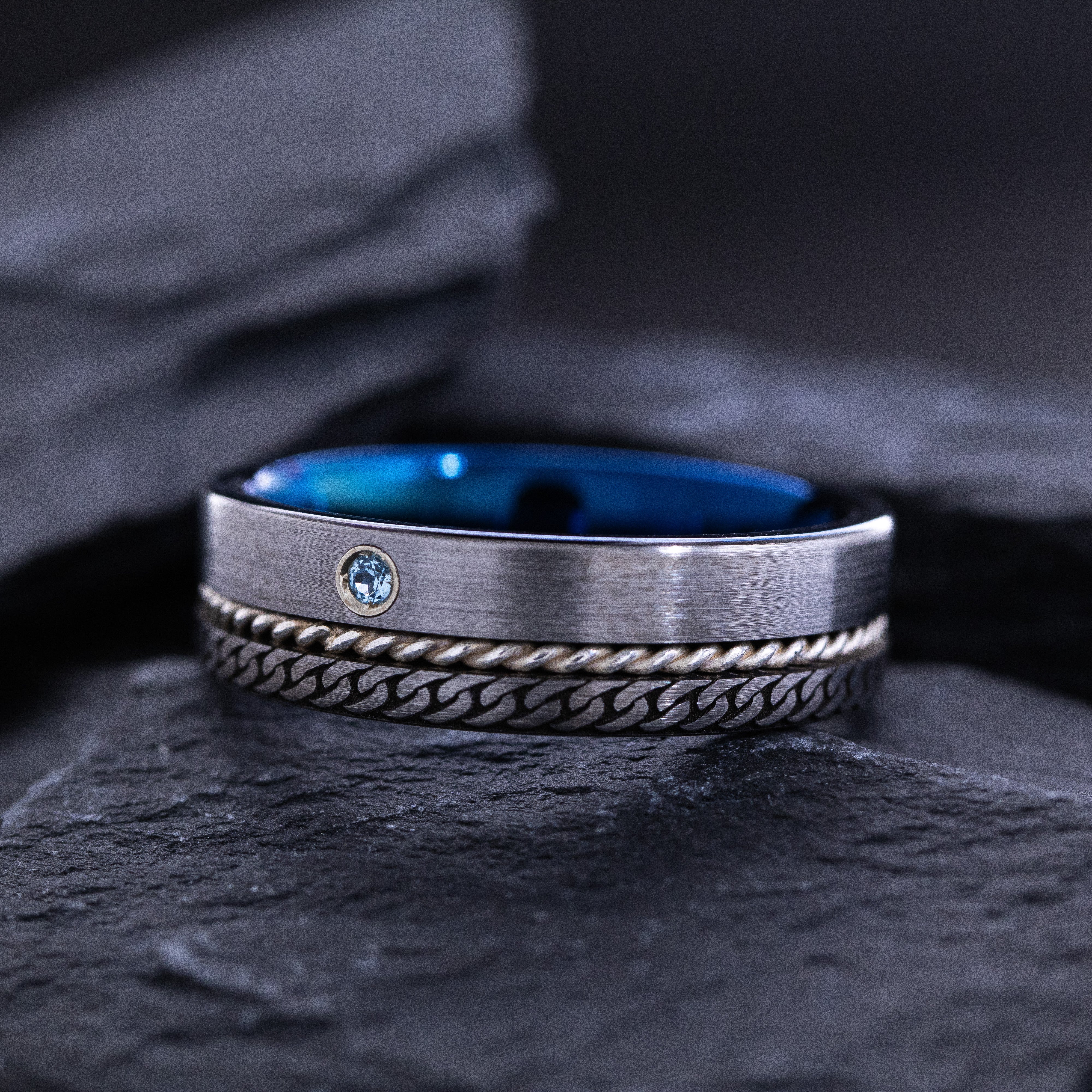 Blue 8mm Tungsten Carbide Ring With Round Cut Gemstone and Celtic Knot Engravings