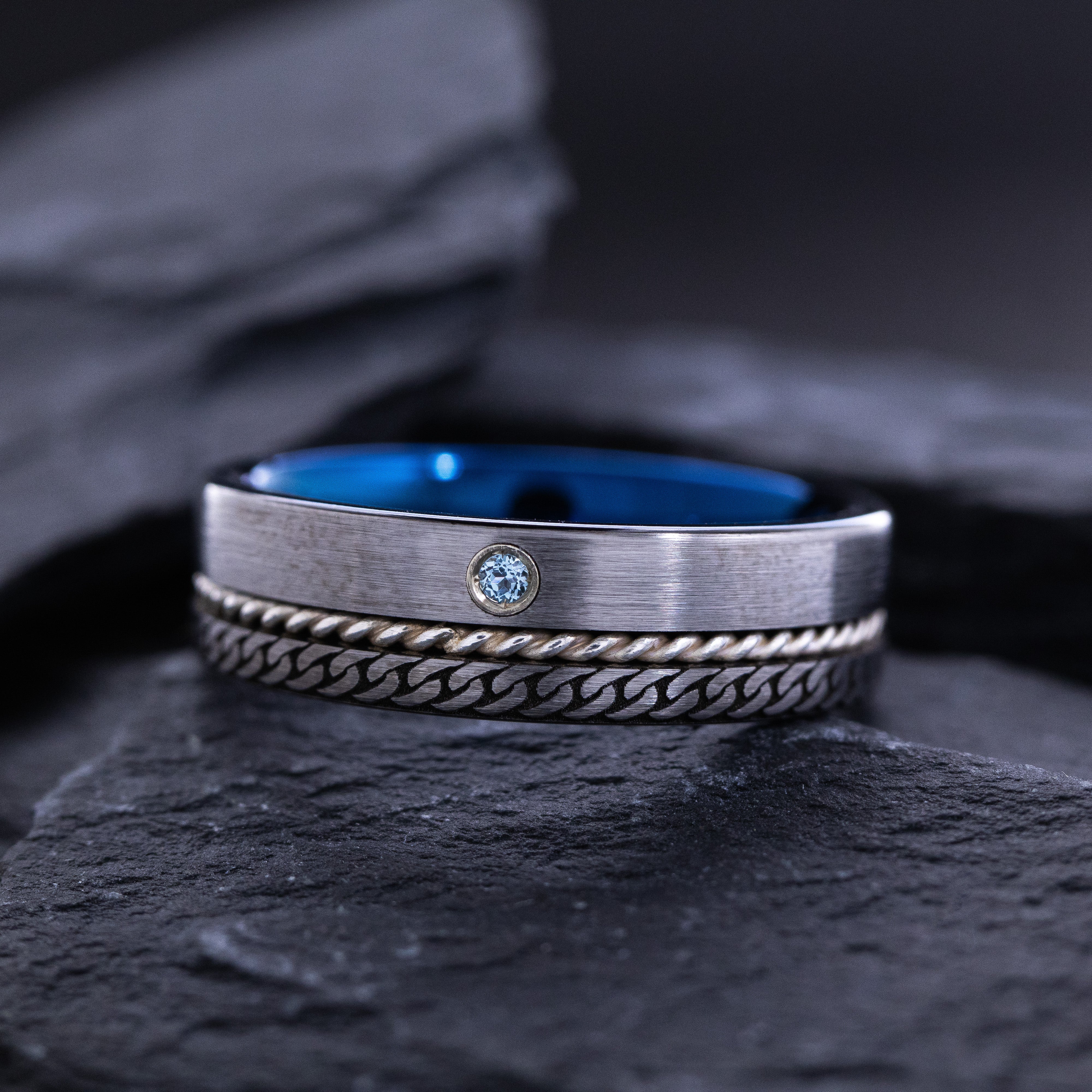 Blue 8mm Tungsten Carbide Ring With Round Cut Gemstone and Celtic Knot Engravings