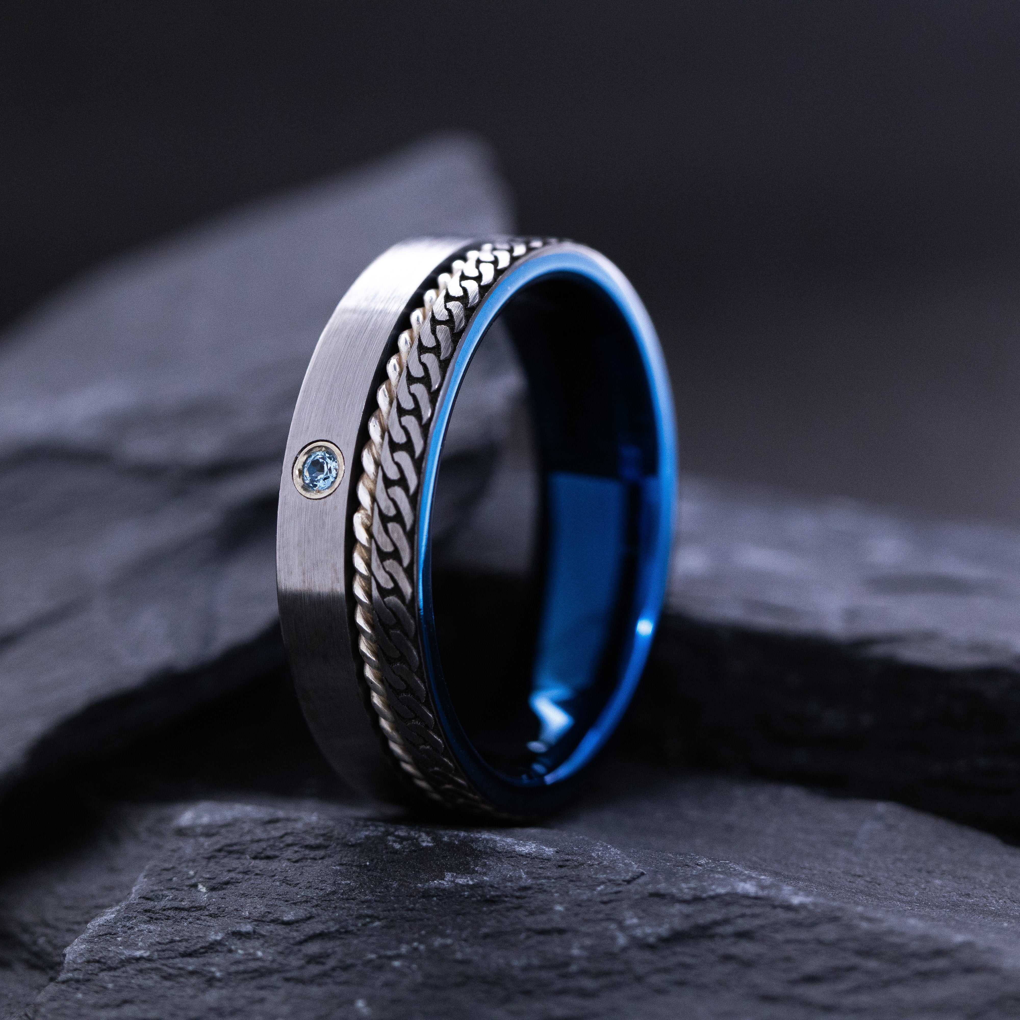 Blue 8mm Tungsten Carbide Ring With Round Cut Gemstone and Celtic Knot Engravings