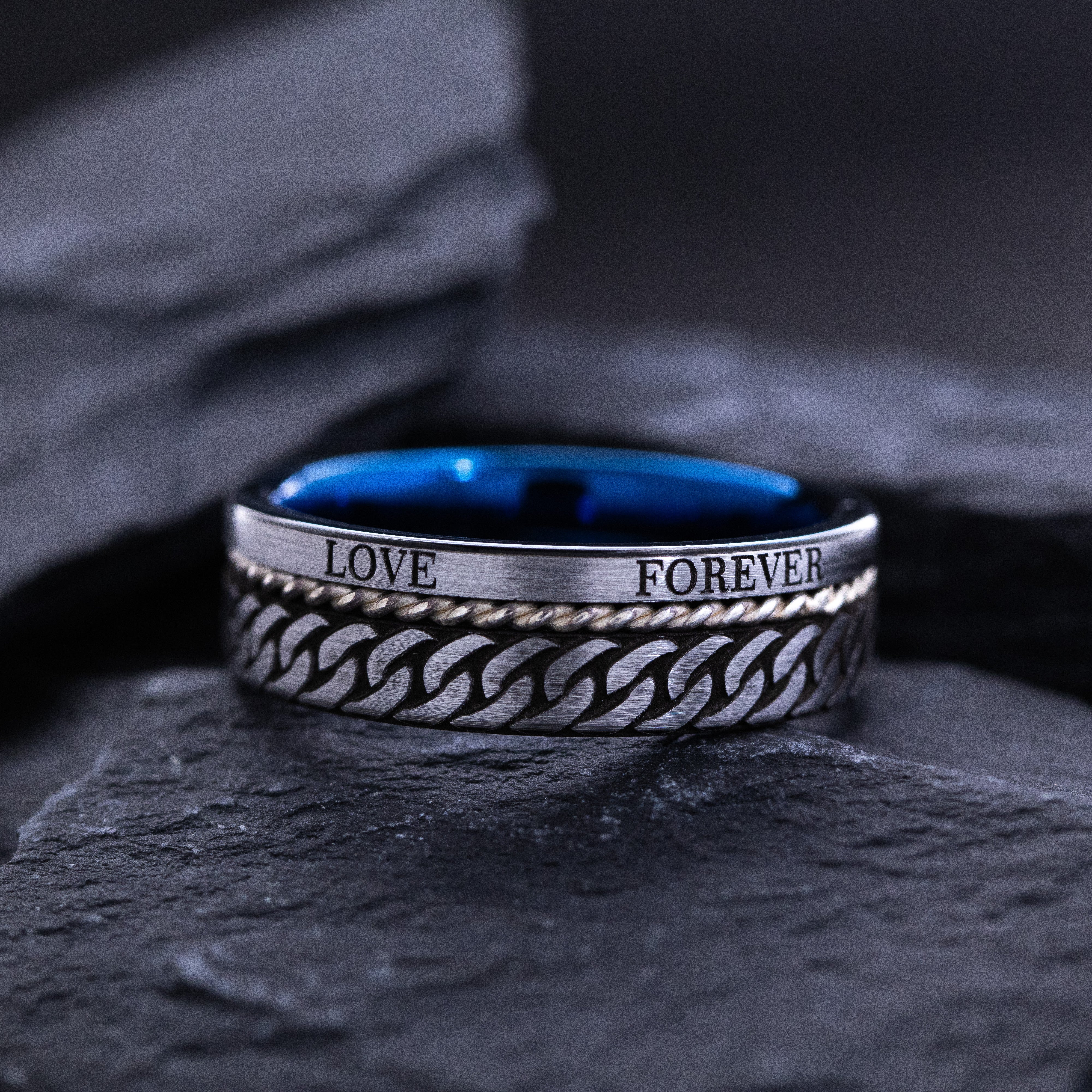 Blue and Silver Tungsten Carbide 8mm Ring with Celtic Style Knot and Romantic Text Engravings